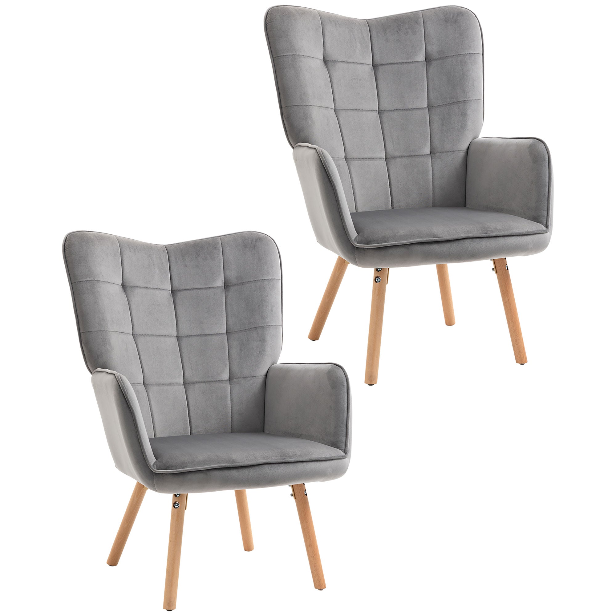 HOMCOM Modern Accent Chair Velvet-Touch Tufted Wingback Armchair Upholstered Leisure Lounge Sofa Club Chair with Wood Legs, Set of 2, Grey - North Peak Garden Furniture