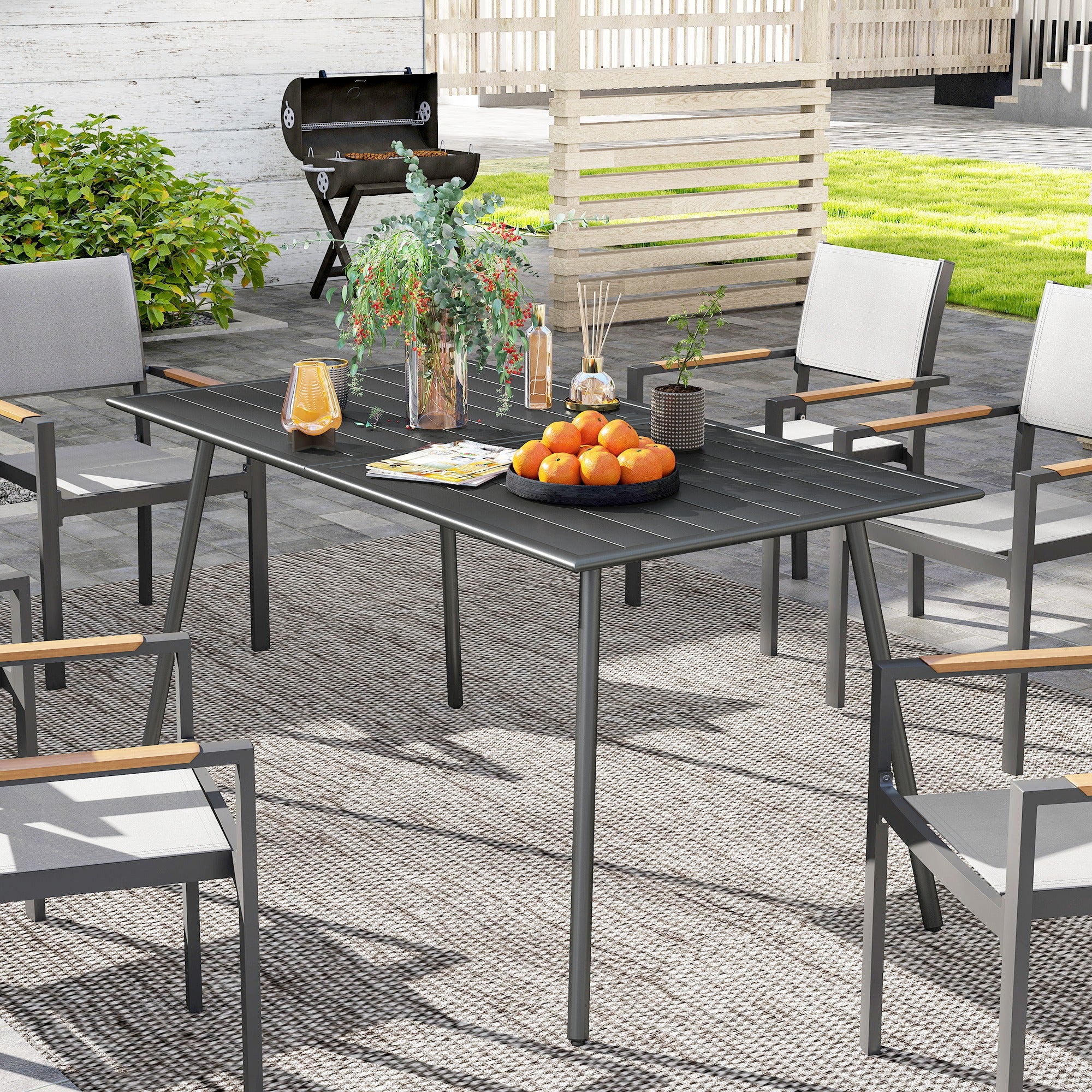 Outsunny Rectangle Garden Table with Slat Top, Steel Frame, Outdoor Table for 6 Person, 150 x 80 x 74 cm, Grey - North Peak Garden Furniture