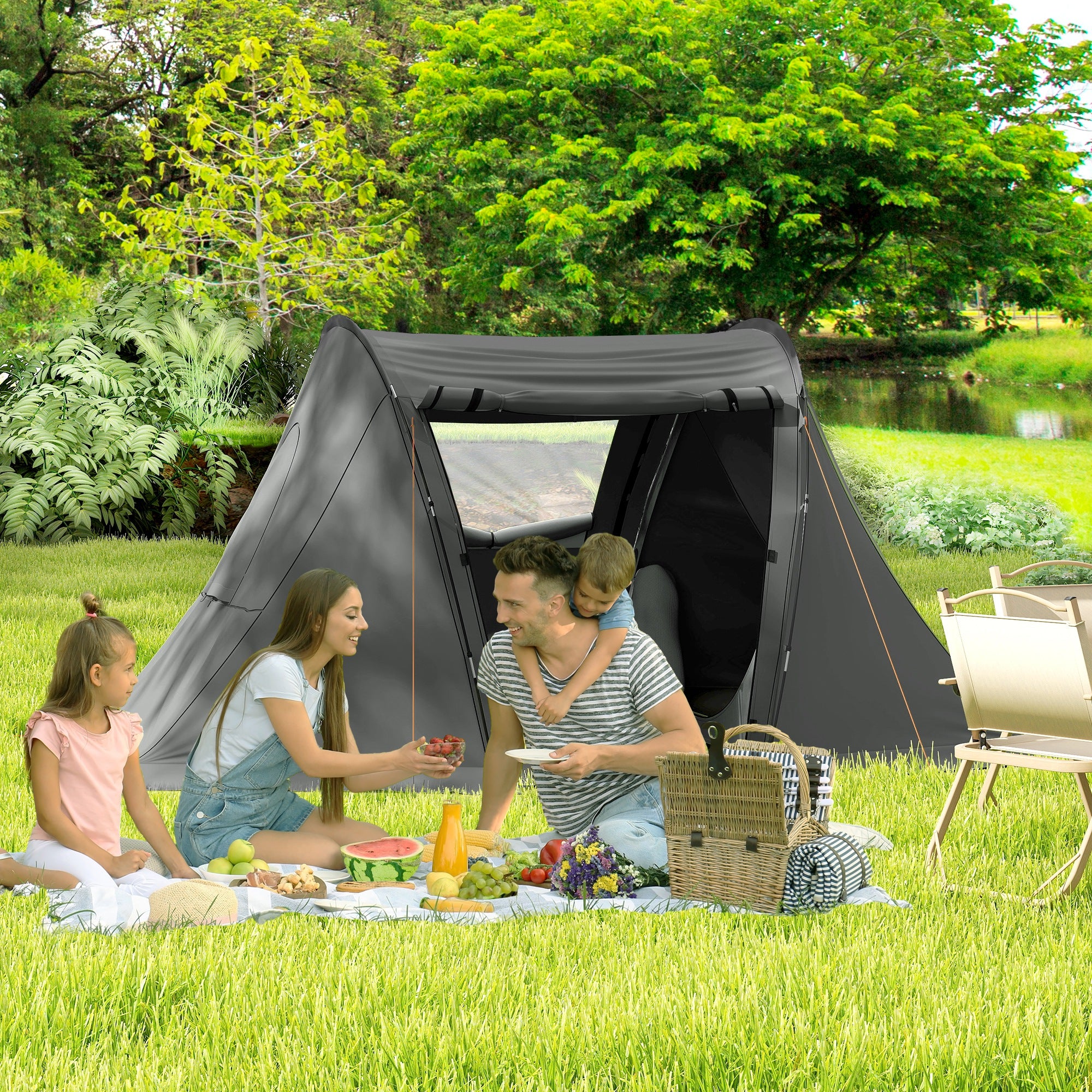 Outsunny 3 Man Camping Tent with Living Area and 2 Bedrooms, 3000mm Waterproof Family Tent with Sewn-in Groundsheet, Portable with Bag for Hiking, Festival, Backpacking, Drak Grey - North Peak Garden Furniture