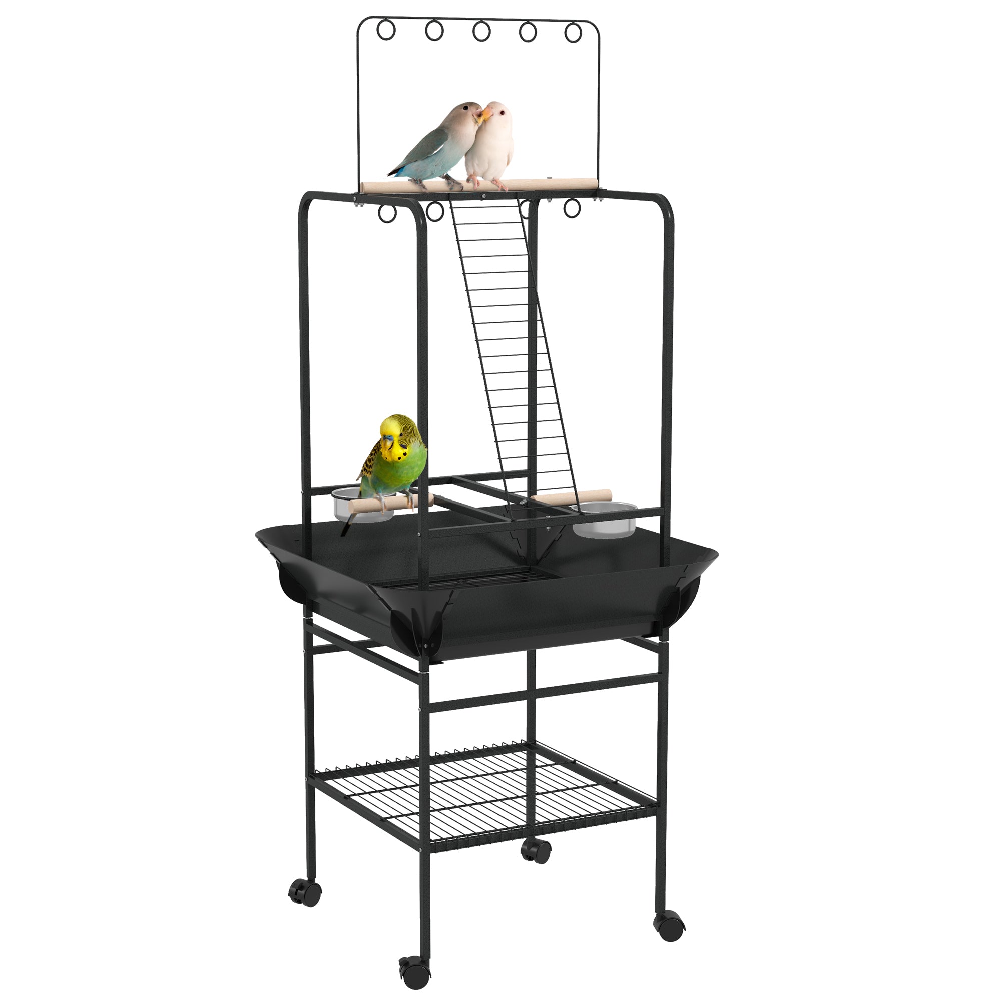 PawHut Steel Bird Table, Bird Feeder stand, with Perches, Stainless Steel Feed Bowls, Trays - Dark Grey - North Peak Garden Furniture