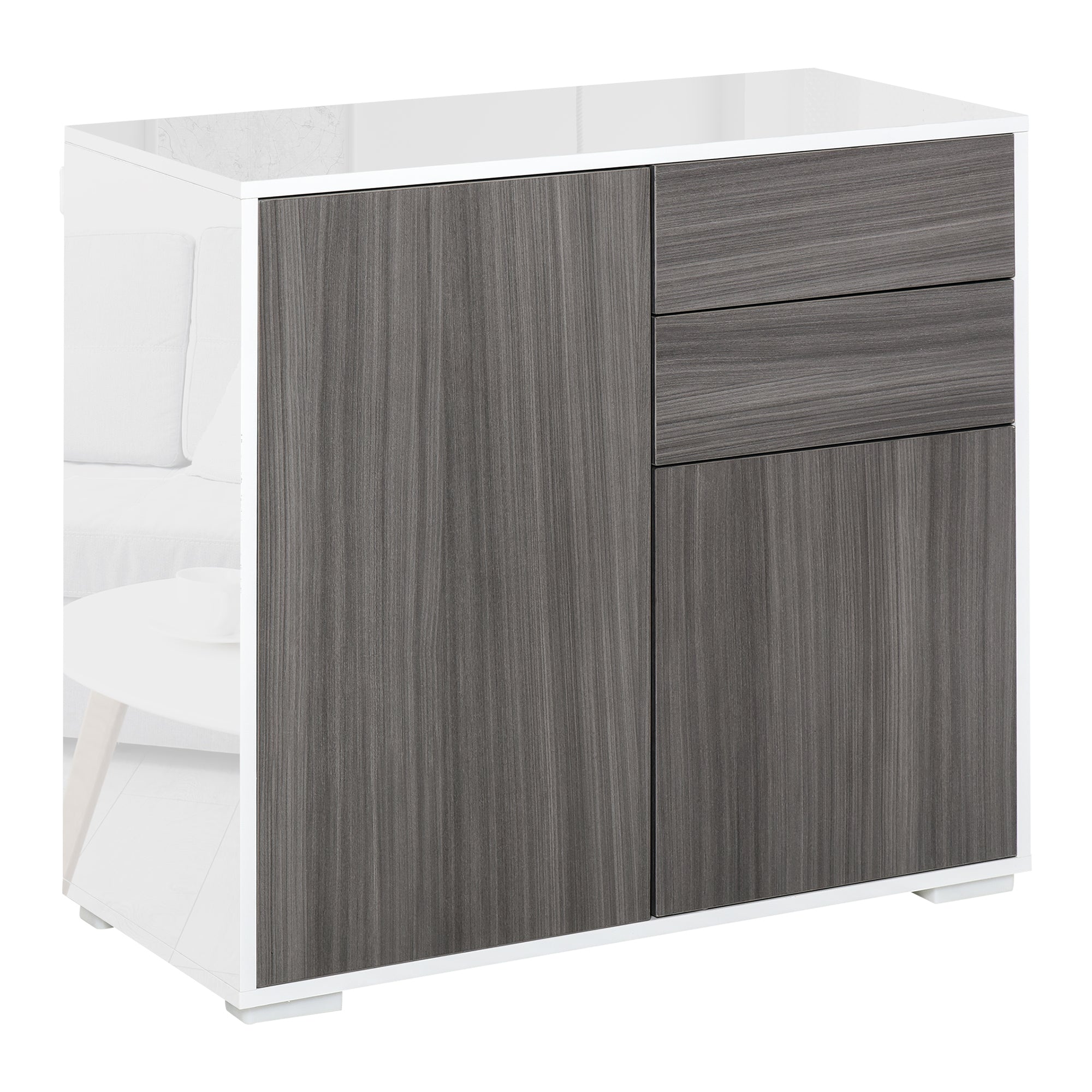 HOMCOM High Gloss Frame Sideboard, Side Cabinet, Push-Open Design with 2 Drawer for Living Room, Bedroom, Grey - North Peak Garden Furniture