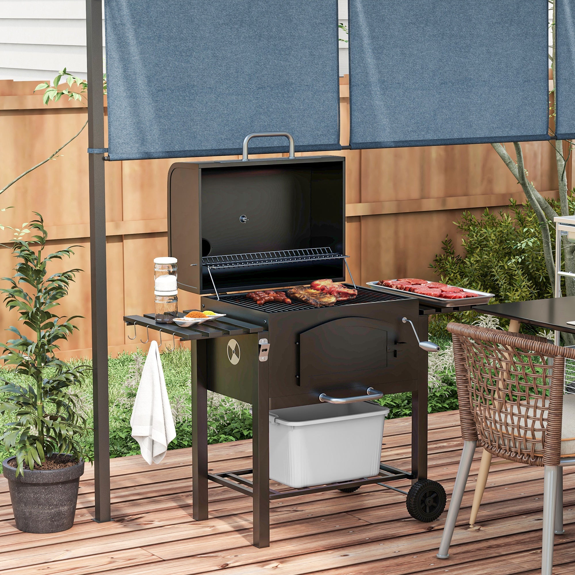 Outsunny Charcoal Barbecue Grill Trolley Garden Smoker with Shelves, Adjustable Height, Thermometer on Lid, Opener and Wheels - North Peak Garden Furniture