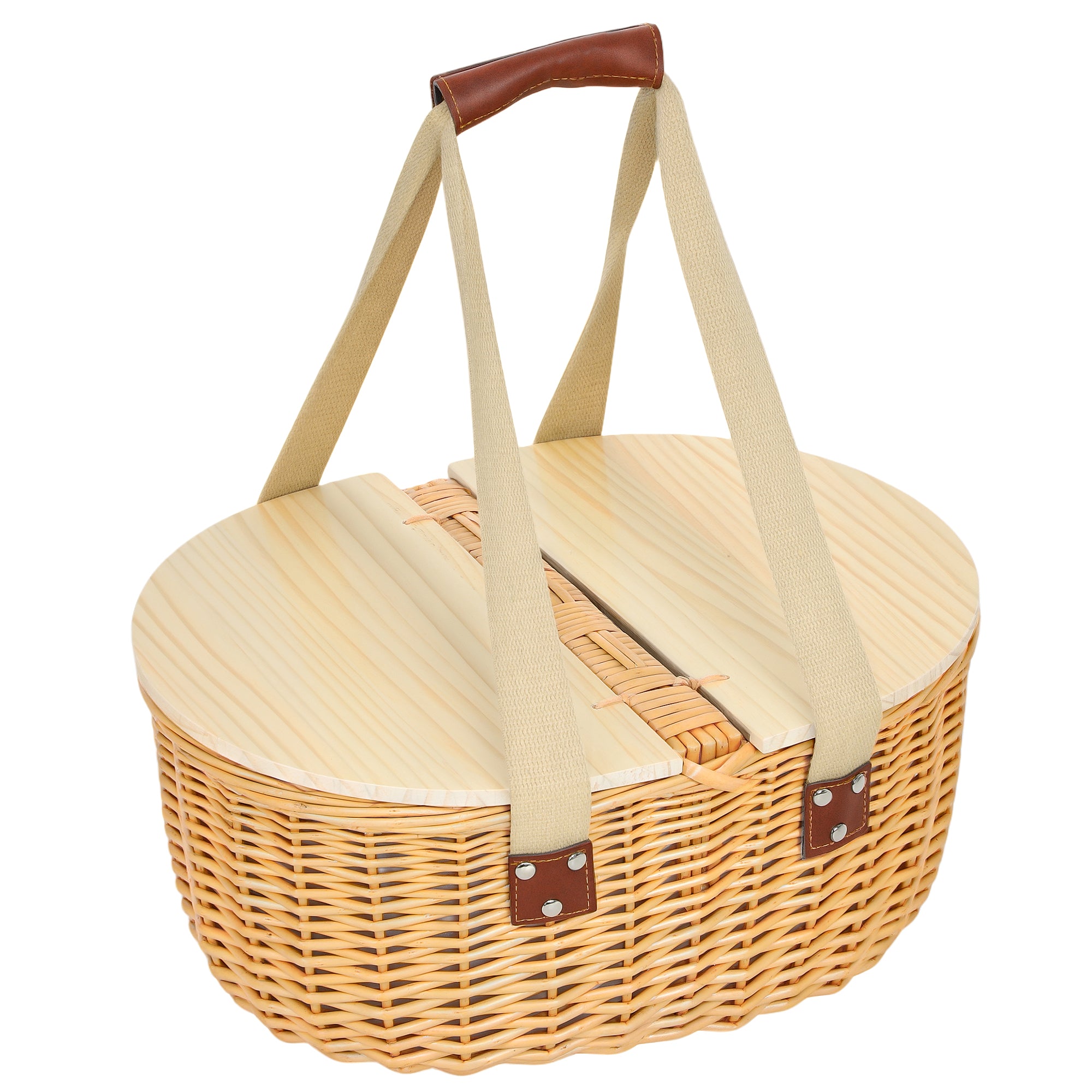 Outsunny Wicker Picnic Basket for 2 with Pine Wood Lid, Picnic Hamper with Cooler Compartment, Cutlery Service Kits, Carry Handle for Camping, Outdoor, Valentine Day, Chirtmas, Birthday, Light Brown - North Peak Garden Furniture
