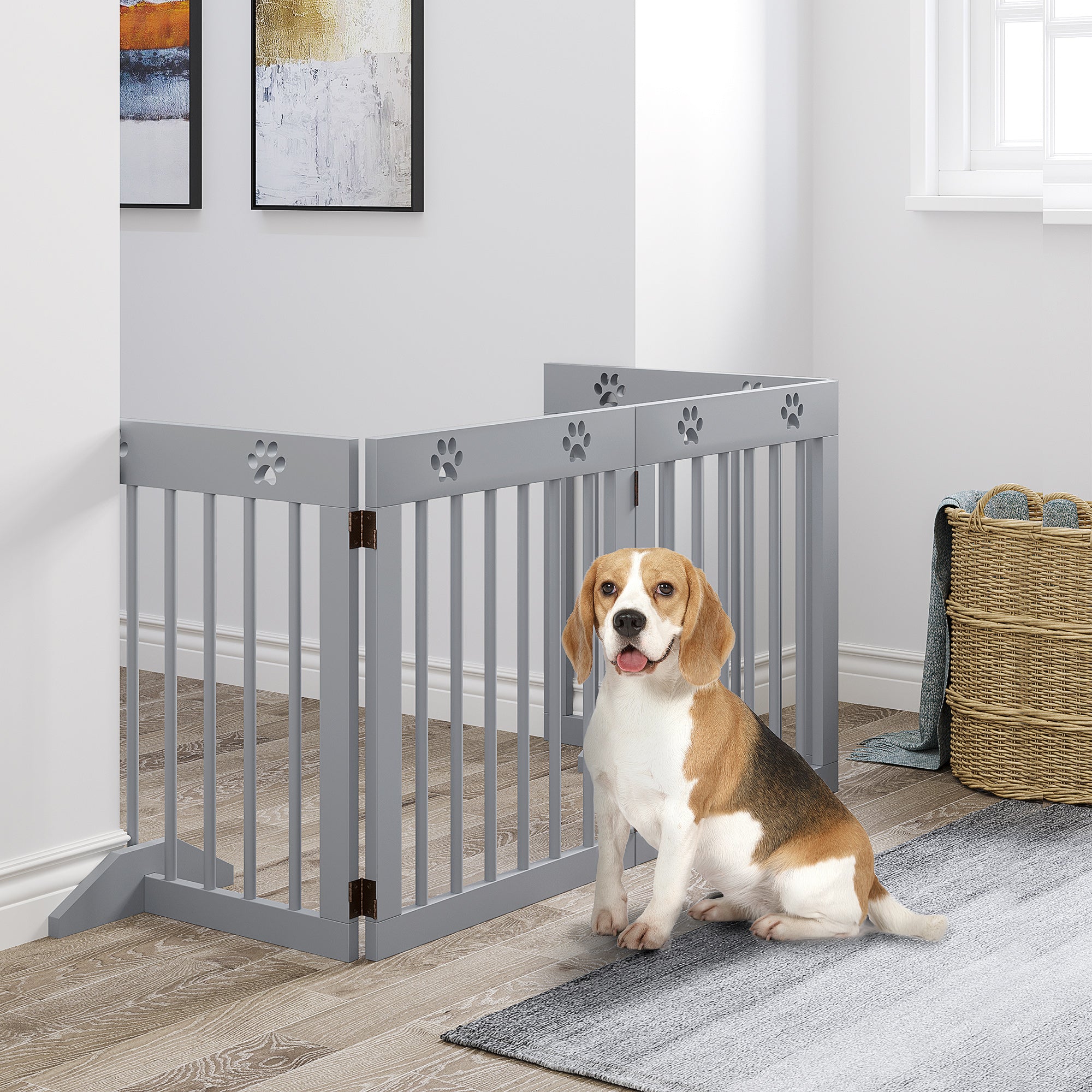 PawHut Freestanding Pet Gate 4 Panel Folding Wooden Dog Barrier w/ Support Feet - North Peak Garden Furniture