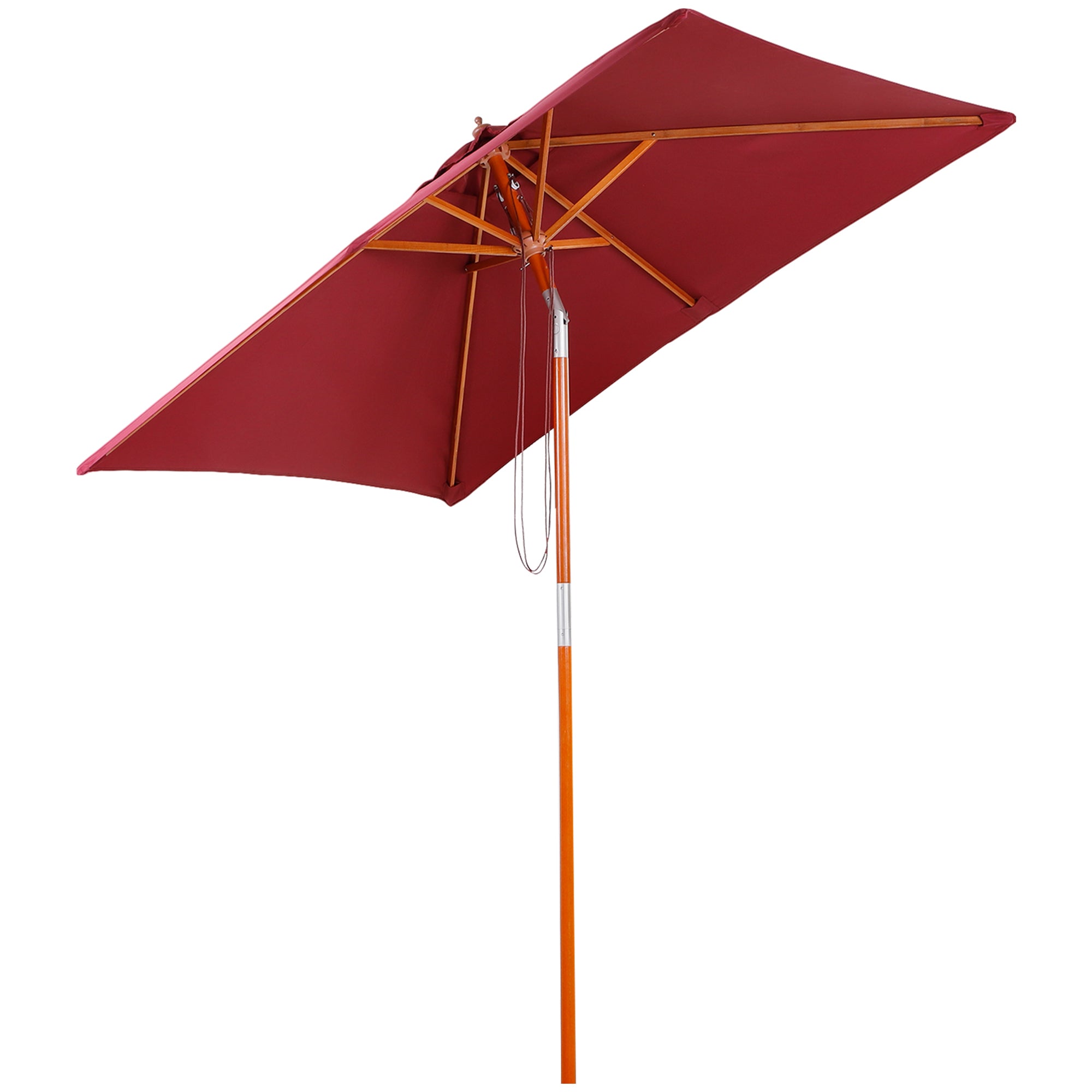 Outsunny 2m x 1.5m Garden Parasol Umbrella with Tilting Sunshade Canopy, Outdoor Market Table Umbrella with Wood and Bamboo Frame, Wine Red - North Peak Garden Furniture