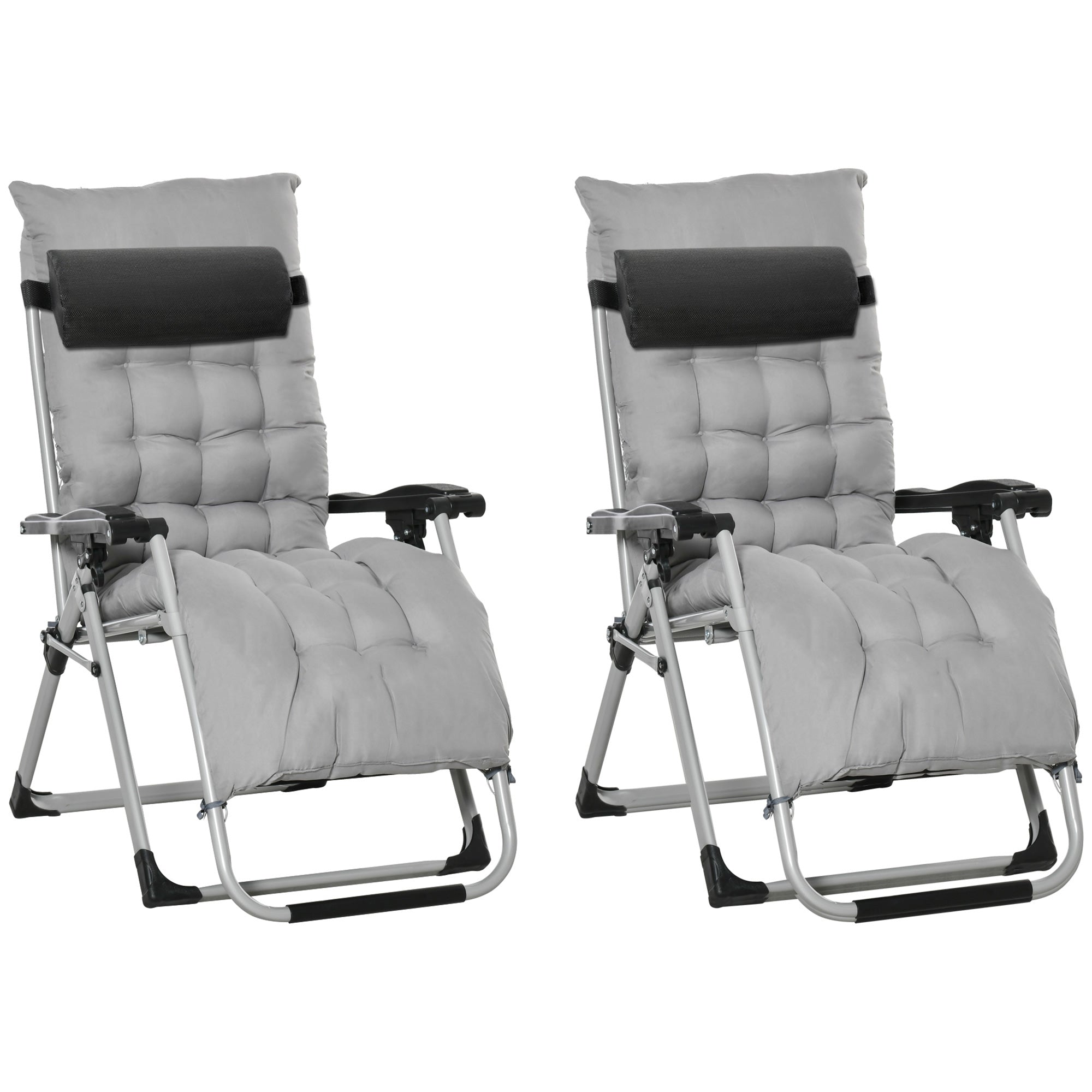 Outsunny 2 Piece Reclining Zero Gravity Chair Metal Frame Folding Garden Sun Lounger with Cushion Headrest, Light Grey