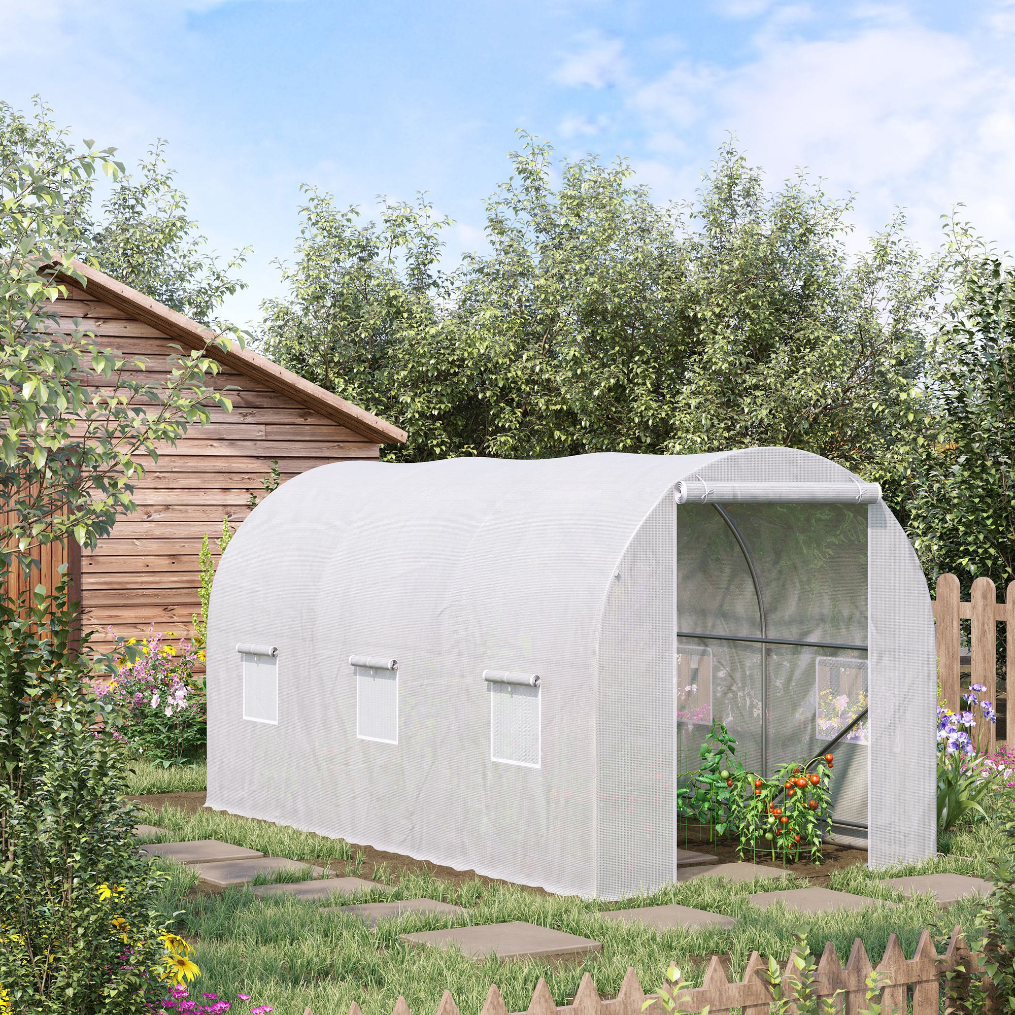 Outsunny 3.5 x 2 x 2 m Polytunnel Greenhouse, Walk-in Green House for Garden with Mesh Windows, Galvanised Steel Frame, White - North Peak Garden Furniture