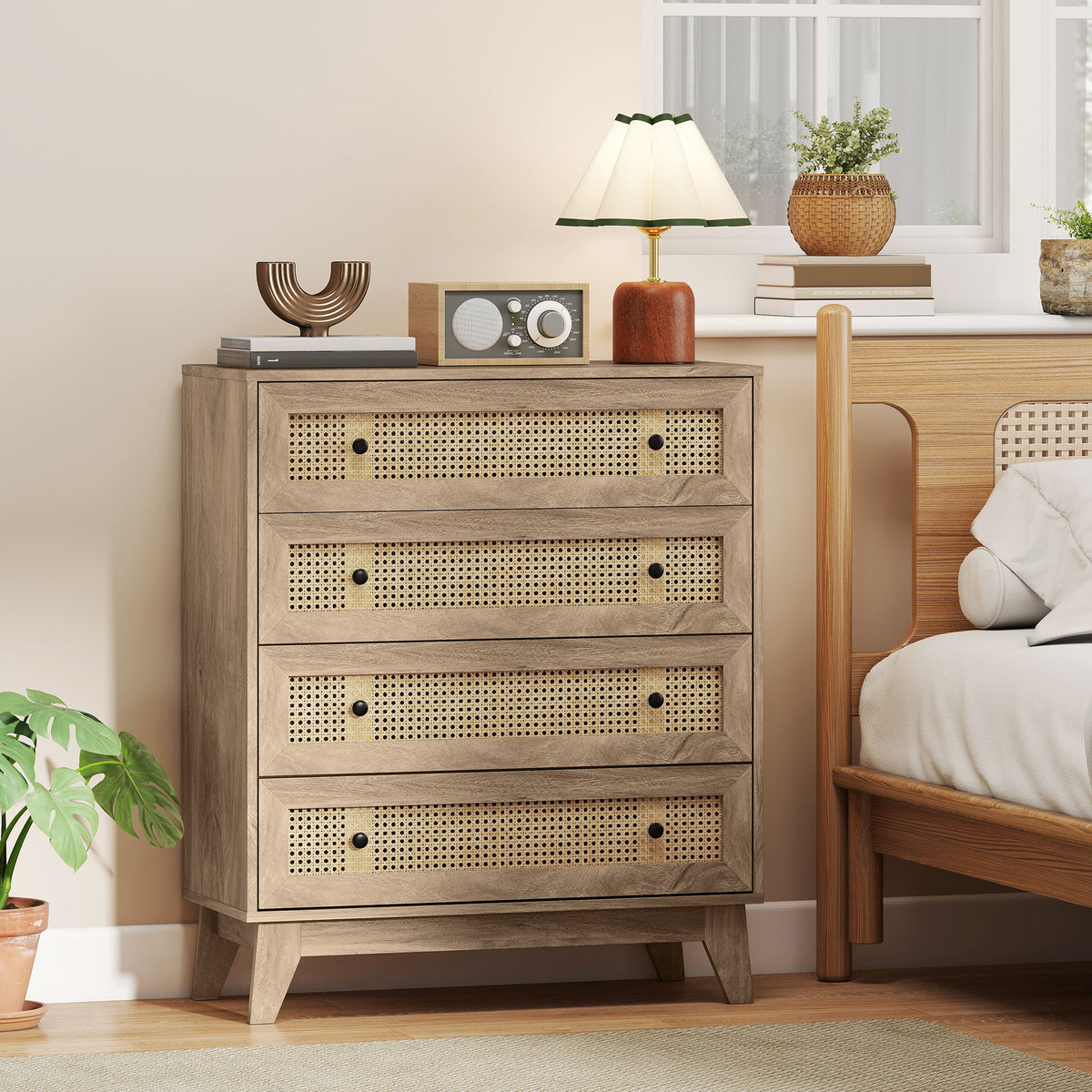 HOMCOM Storage Cabinet, 4-Drawer Unit with Rattan Element for Bedroom, Living Room, 80cmx35cmx95cm, Wood Effect