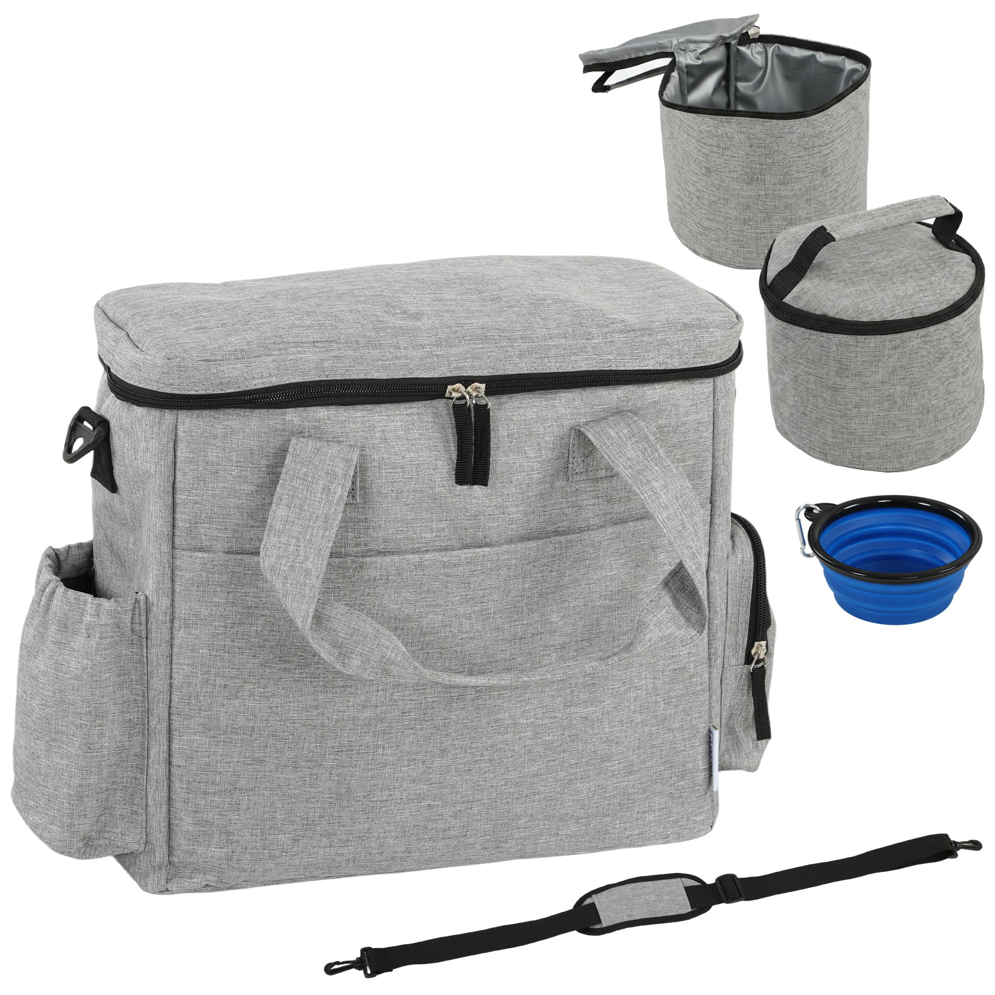 PawHut Dog Travel Bag, Waterproof Walking Bag with Multiple Pockets, Two Food Containers and Collapsible Bowl for Cat Puppy