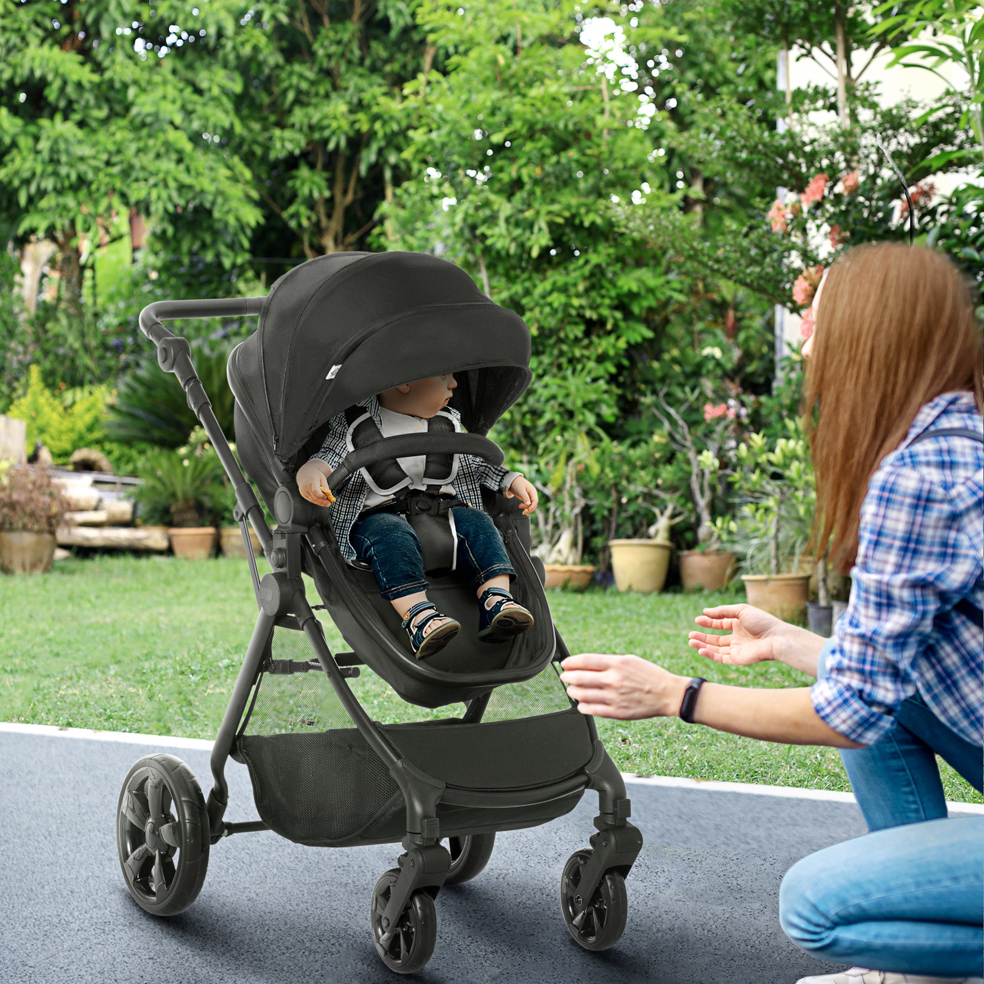 HOMCOM Foldable Baby Stoller, with Reclining Backrest, Adjustable Canopy, for Ages 0-36 Months - Black - North Peak Garden Furniture