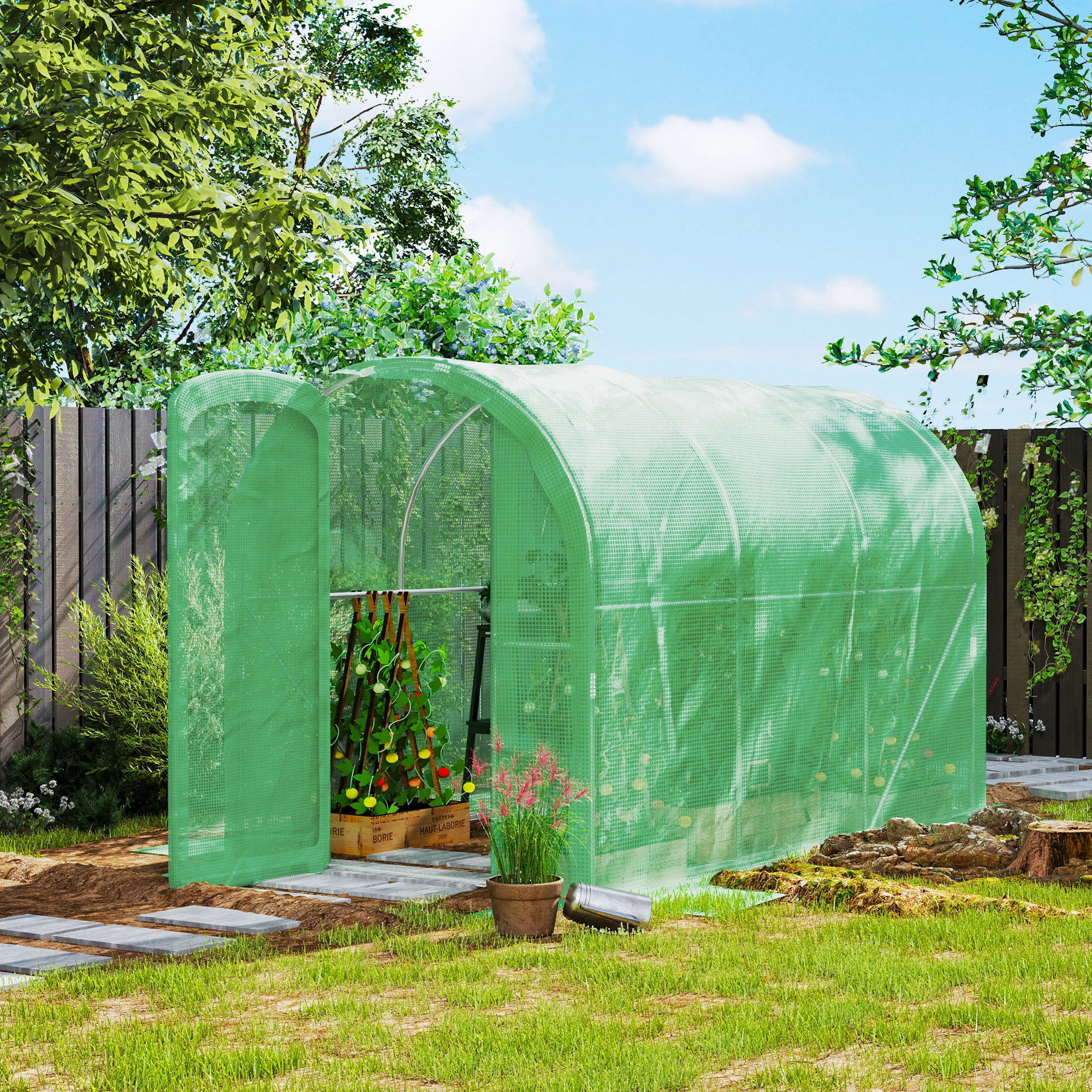 Outsunny 3 x 2 x 2m Polytunnel Greenhouse with Hinged Door, Walk-in Grow House Tent with PE Cover and Galvanised Steel Frame, Green - North Peak Garden Furniture