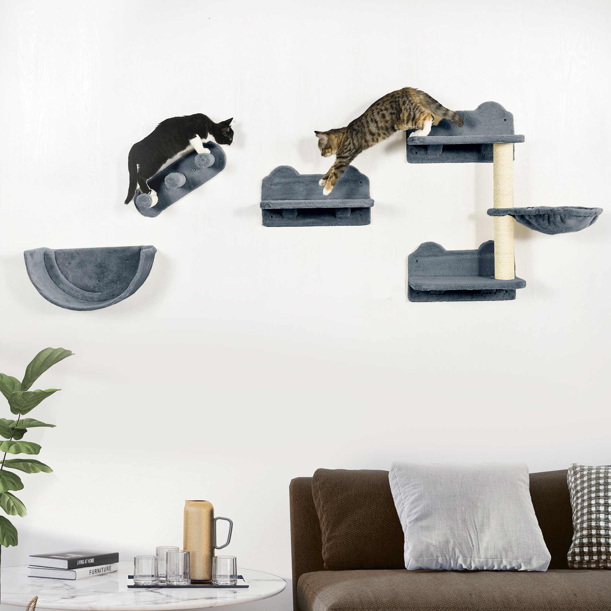 PawHut 4PCs Wall-Mounted Cat Shelves w/ Scratching Post, Hammock, Nest - Grey - North Peak Garden Furniture