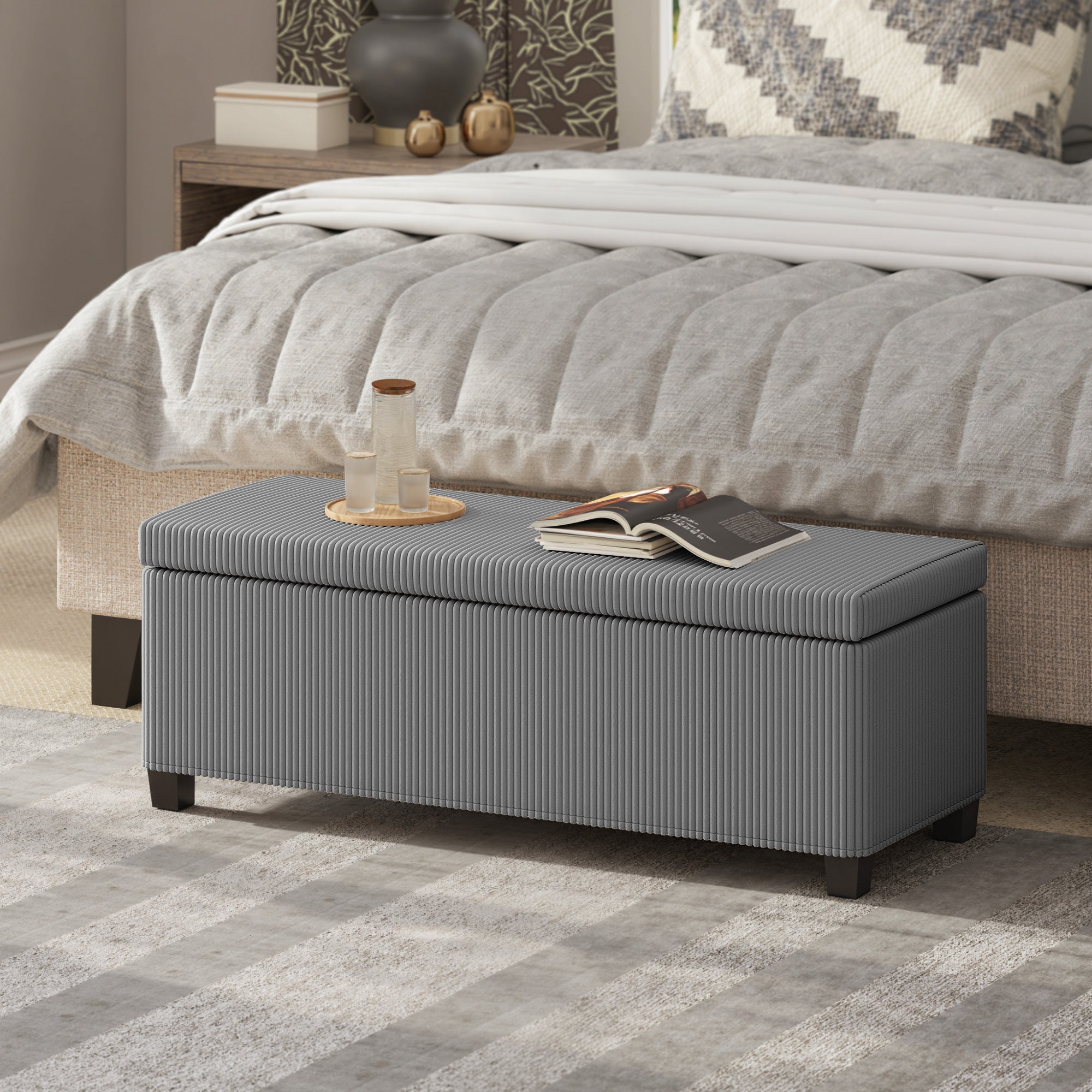 HOMCOM Storage Ottoman Bench, Corduroy Footstool with Removable Lid and Legs, 112cm Storage Chest Box for Living Room, Bedroom, Hallway, Grey