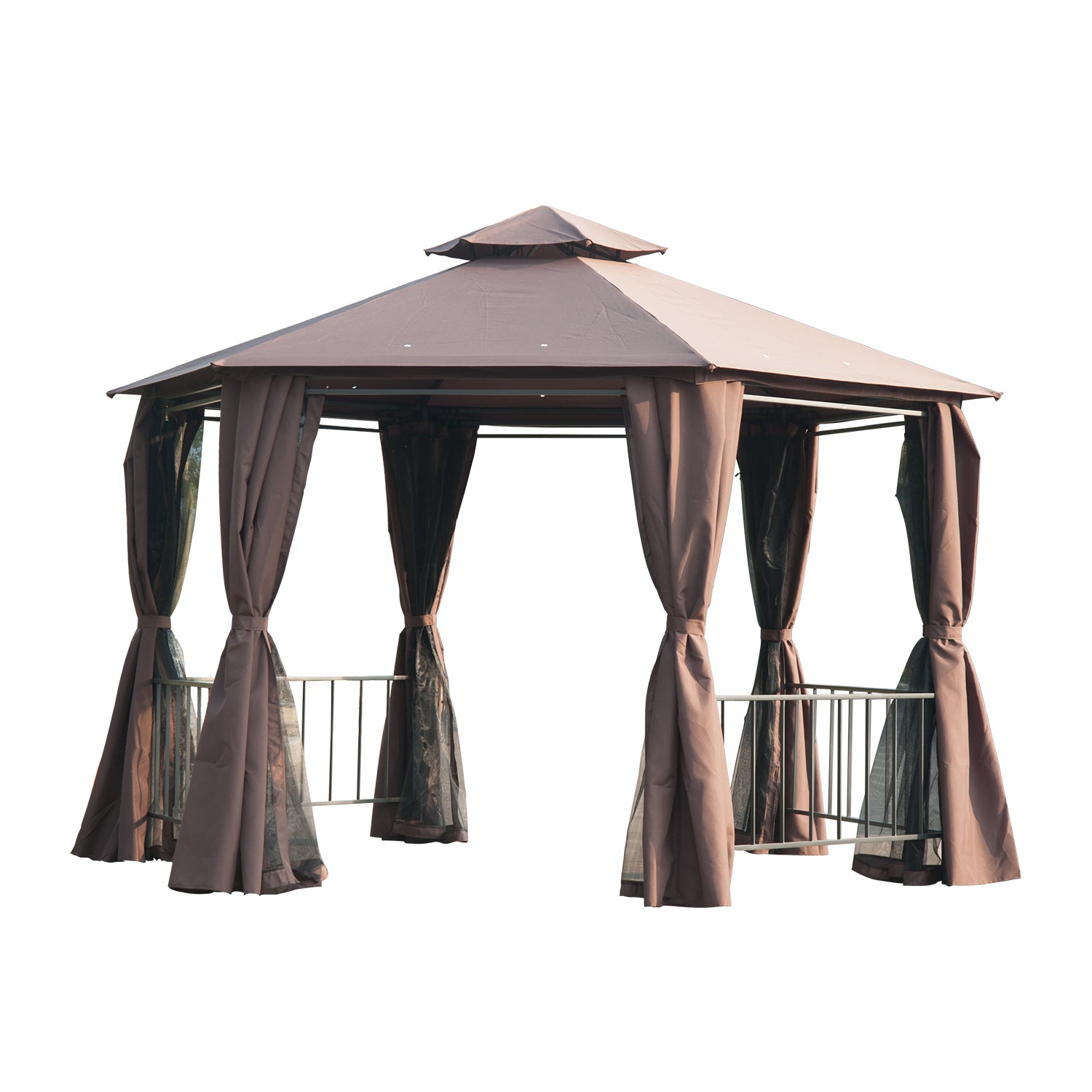 Outsunny 3 x 3(m) Hexagon Gazebo Patio Canopy Party Tent Outdoor Garden Shelter w/ 2 Tier Roof & Side Panel - Brown - North Peak Garden Furniture