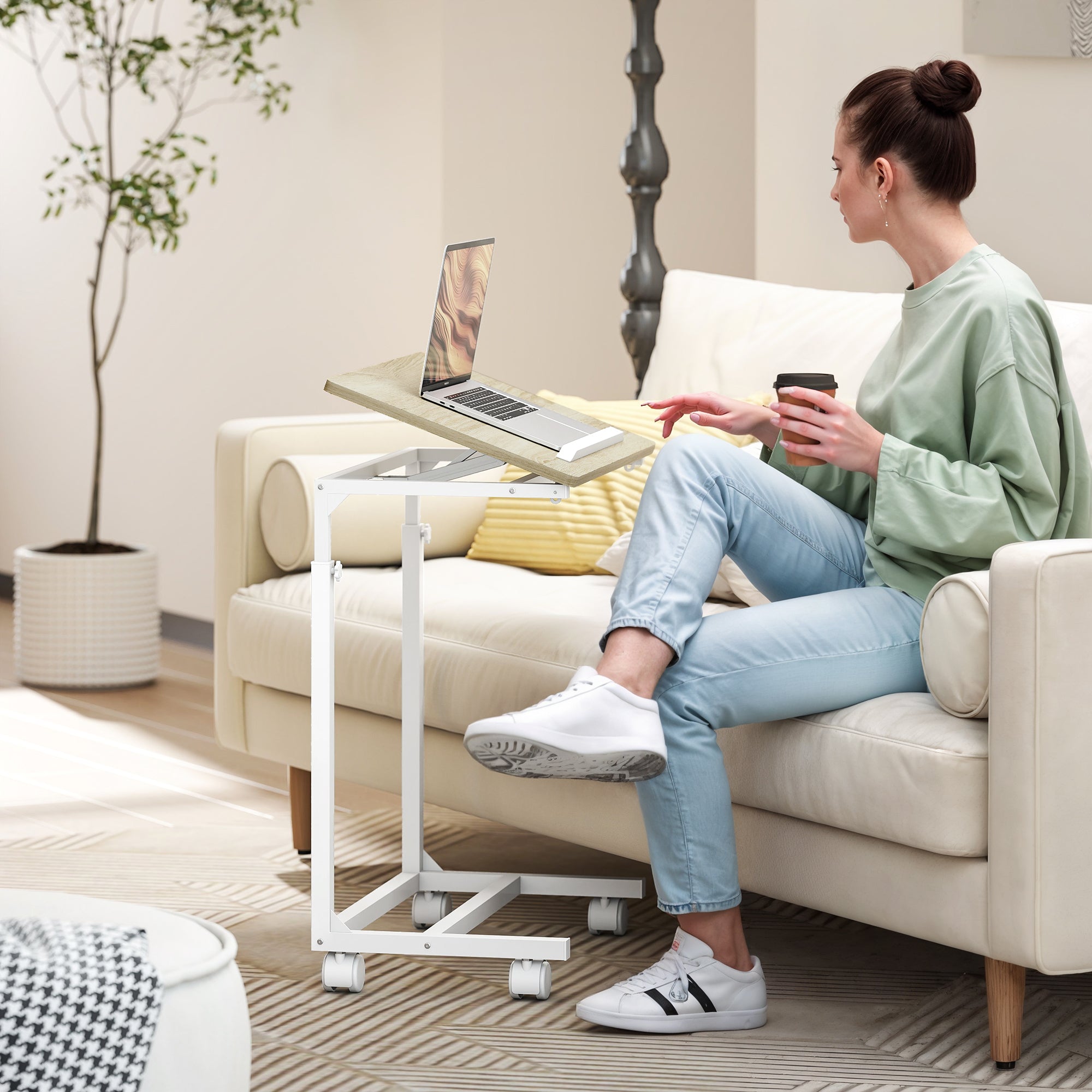 HOMCOM C-Shaped Sofa Side Table, Height Adjustable Overbed Table with Tilting Desktop, Mobile Laptop Desk for Living Room Bedroom, Oak and White - North Peak Garden Furniture