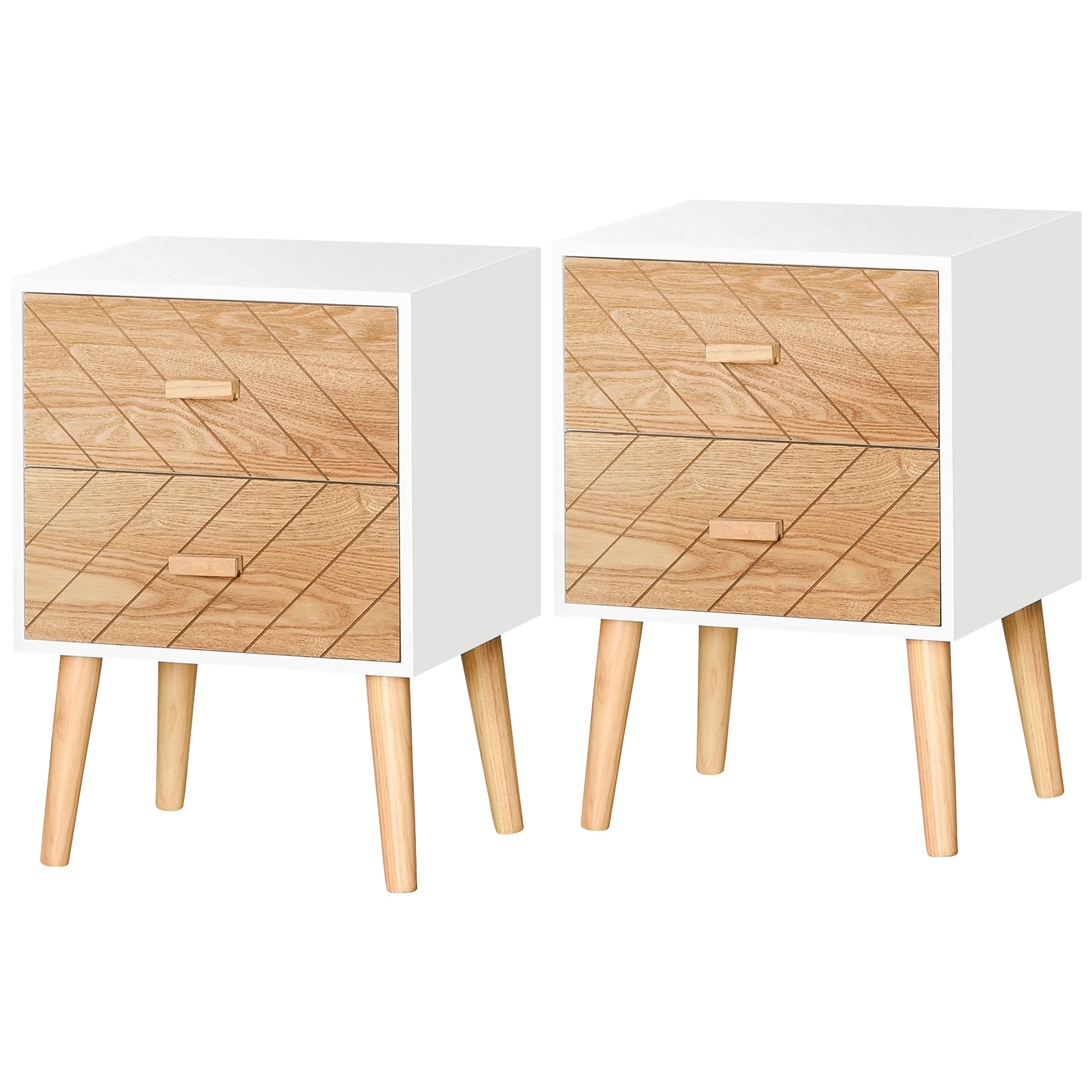 HOMCOM 2 Drawers Bedside Table with Pine Legs, Bedroom Wooden Storage Cabinet, Set of 2, Natural - North Peak Garden Furniture