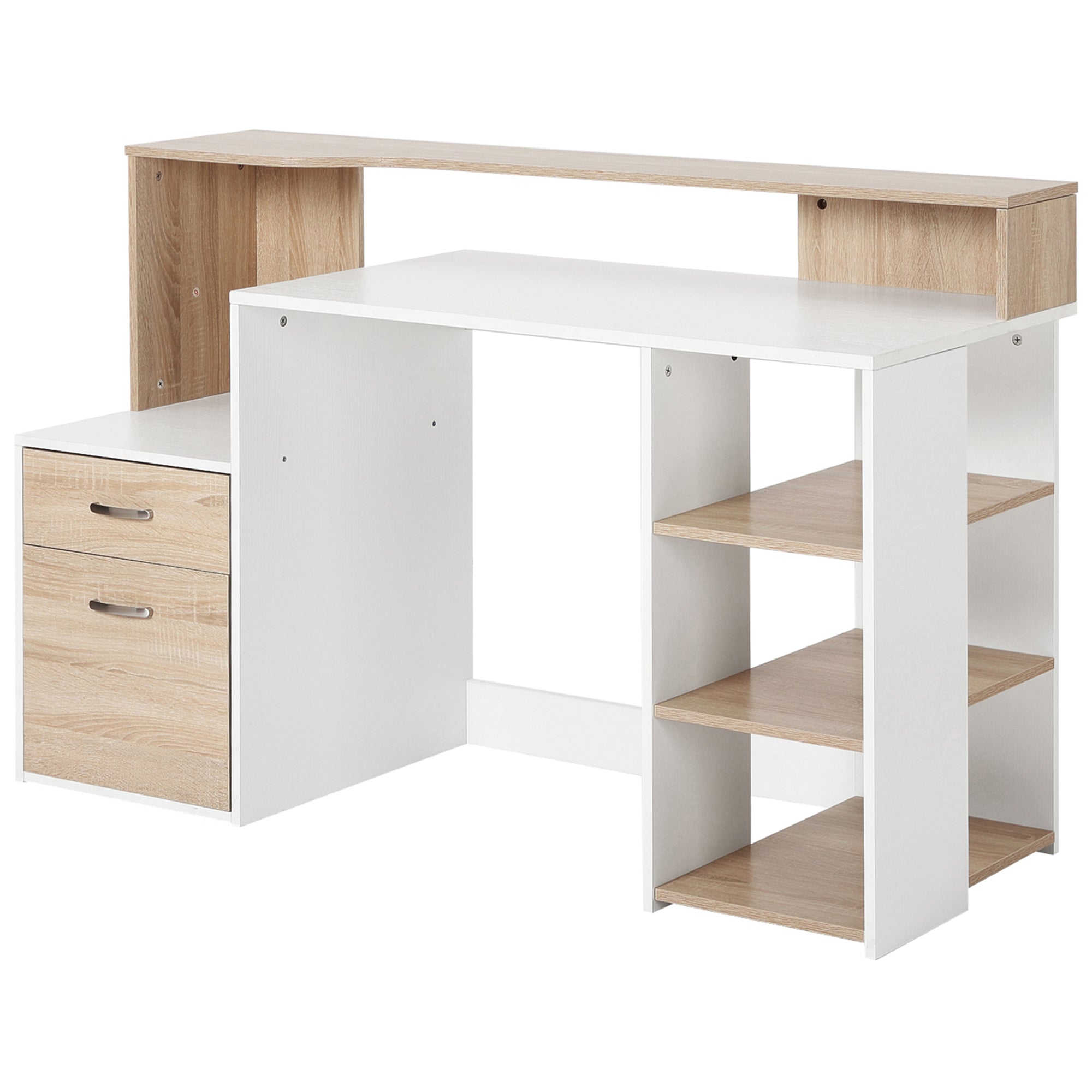 HOMCOM Computer Desk with Drawers and Storage Shelves, Reception Desk, Study Workstation for Home Office, 137 x 55 x 92cm, Oak and White - North Peak Garden Furniture