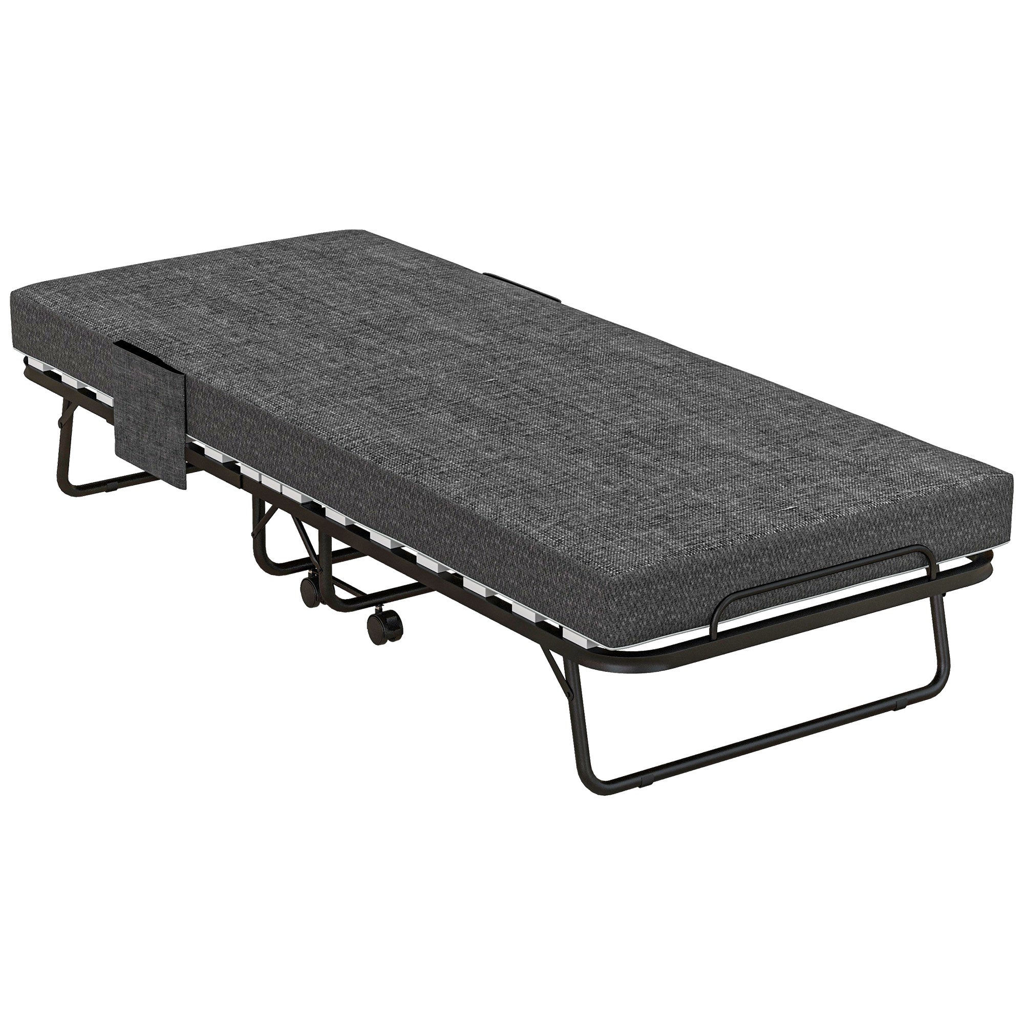 HOMCOM Single Steel Frame Folding Bed, with Wheels - Black/Grey - North Peak Garden Furniture