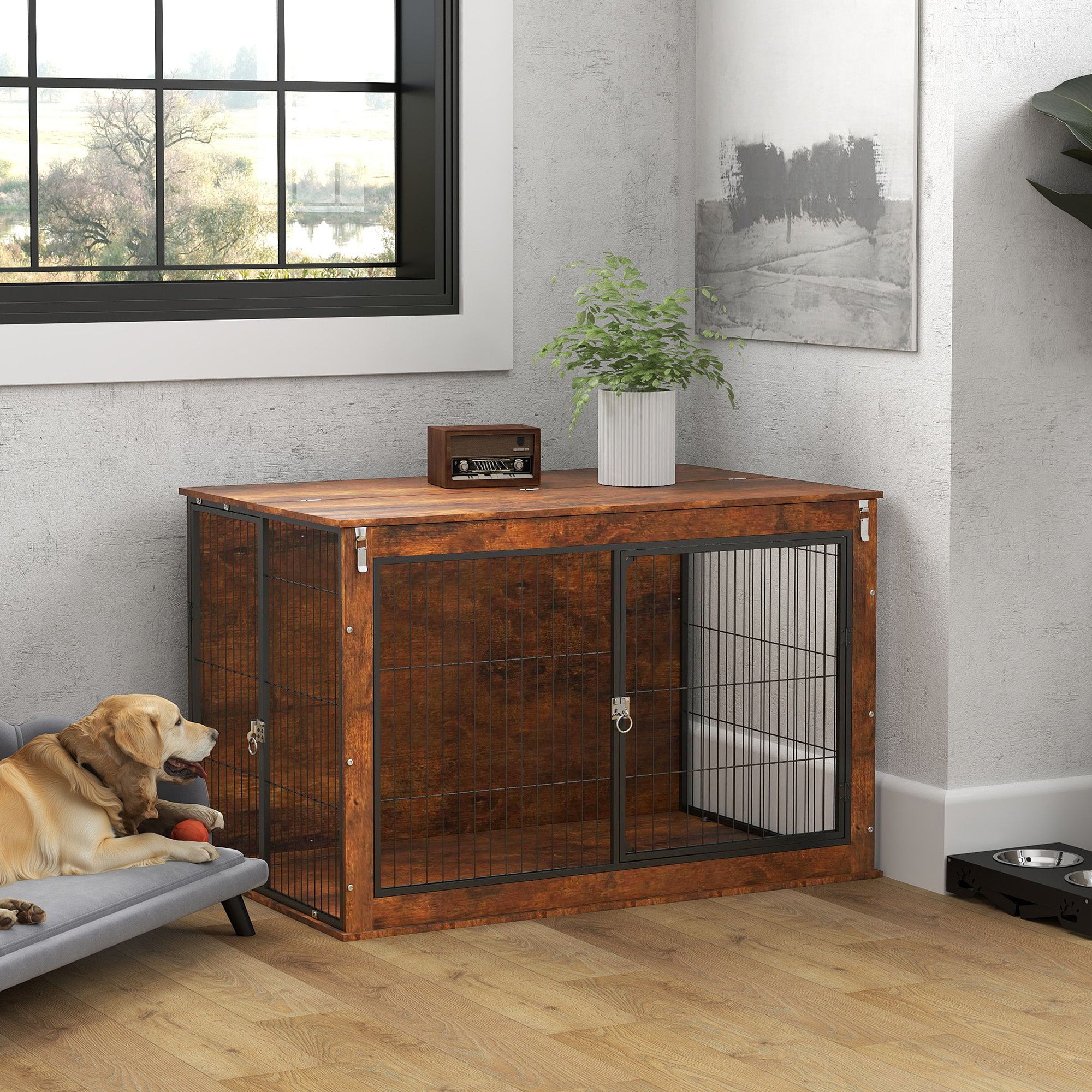 PawHut Dog Crate Furniture with Flip-up Top, 2 Doors, for Extra Large Dogs, 118 x 75 x 77cm, Rustic Brown - North Peak Garden Furniture
