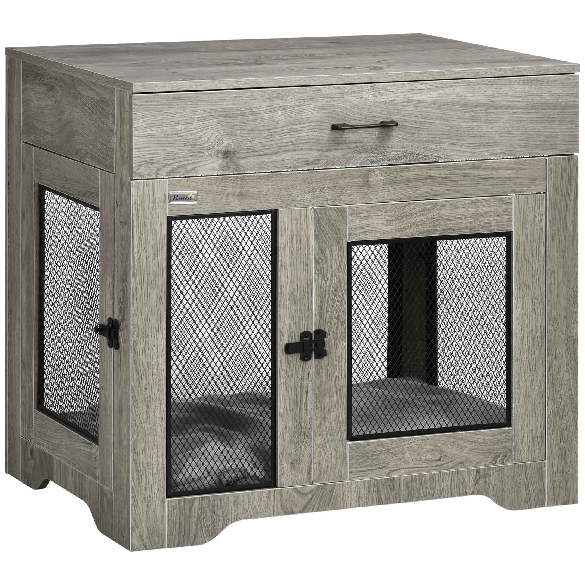 PawHut Dog Cage End Table with Two Doors, Drawer, for Medium Dogs - Grey - North Peak Garden Furniture