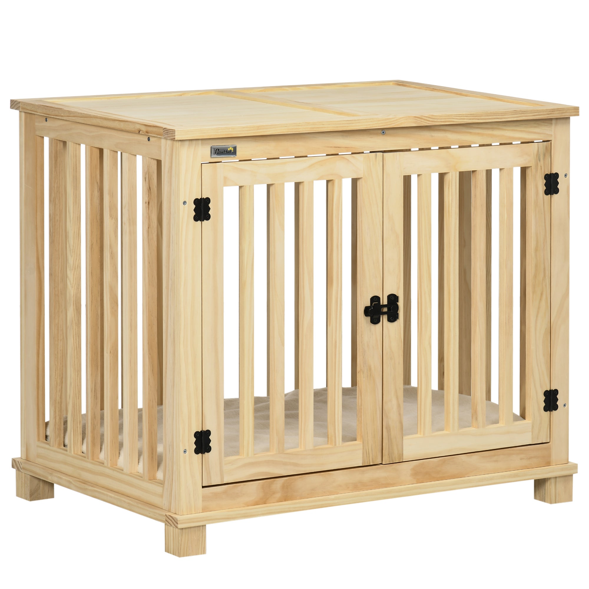 PawHut Wooden Dog Crate, with Double Doors, Cushion, for Medium Dogs - Natural Finish - North Peak Garden Furniture