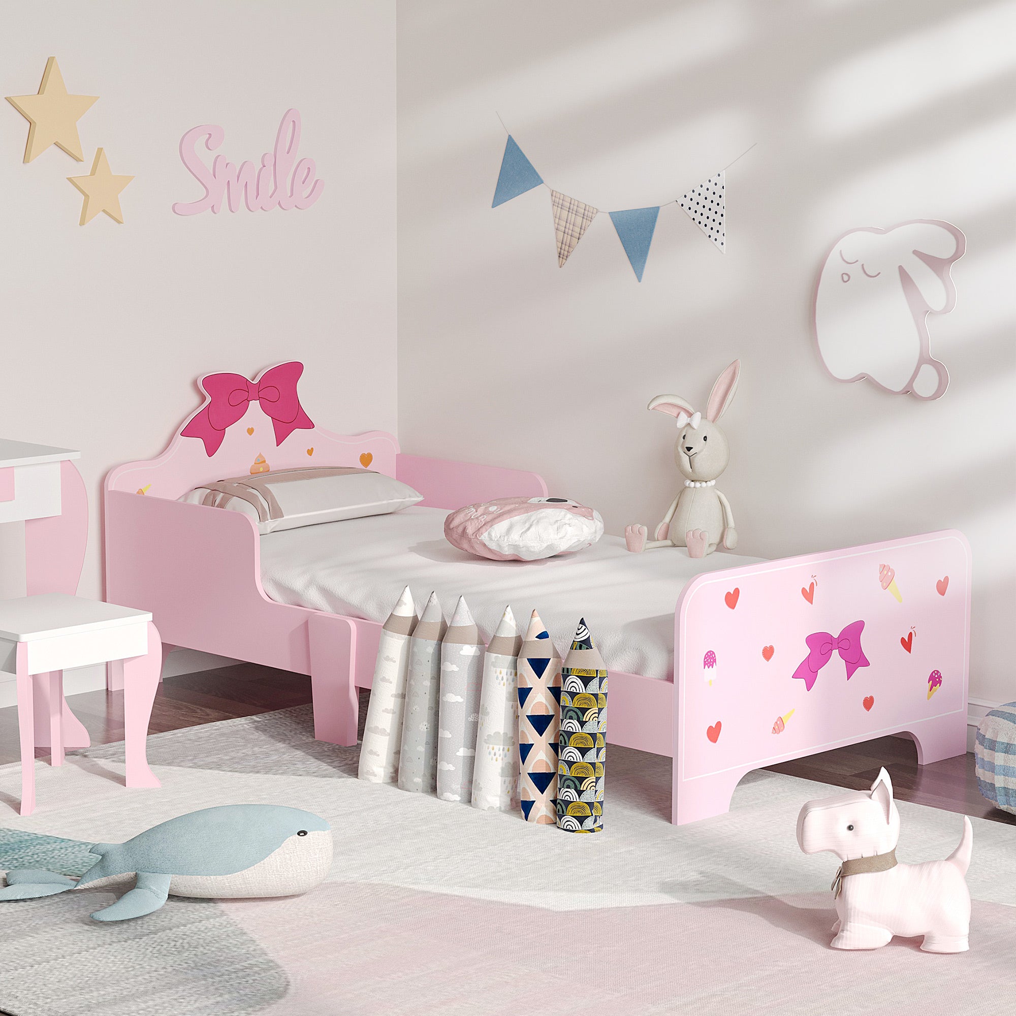 ZONEKIZ Princess-Themed Kids Toddler Bed w/ Cute Patterns, Safety Rails, for Ages 3-6 Years - Pink - North Peak Garden Furniture