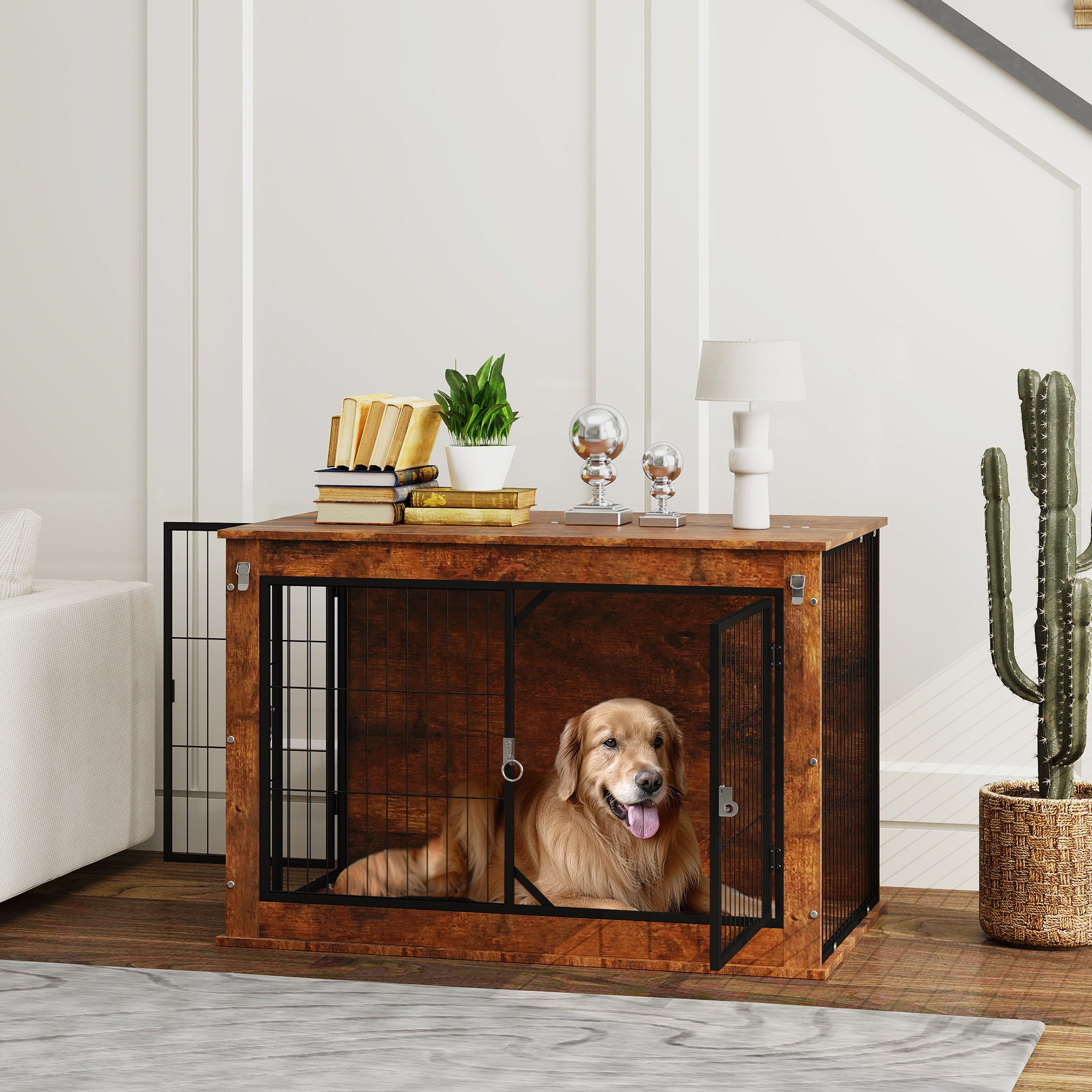 PawHut Dog Crate Furniture with Flip-up Top, 2 Doors, for Large Dogs, 98 x 60 x 65.5cm, Rustic Brown - North Peak Garden Furniture