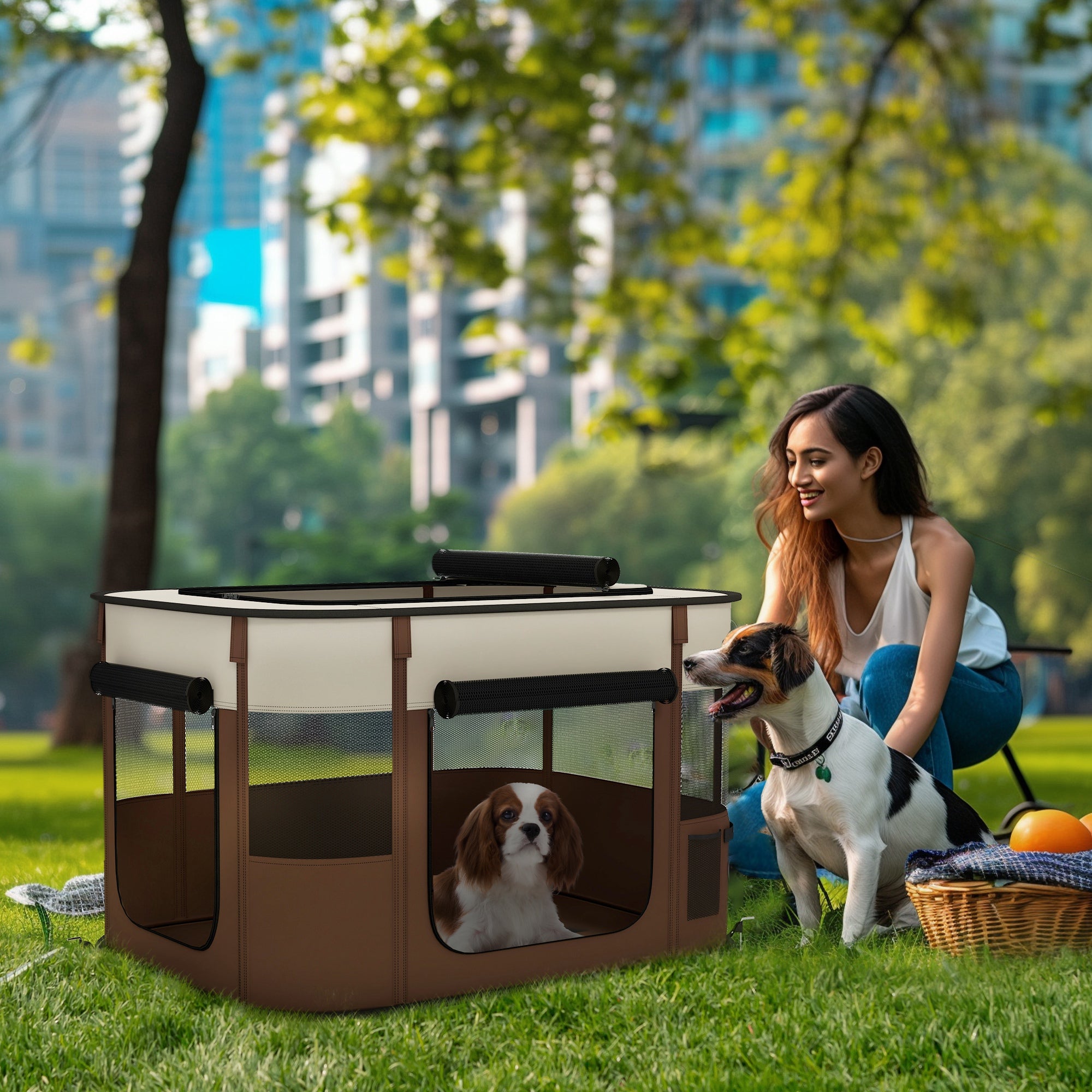 PawHut Foldable Dog Pen with Storage Bag for Indoor/Outdoor Use, Portable Pet playpen, with Ground Stakes - Brown - North Peak Garden Furniture
