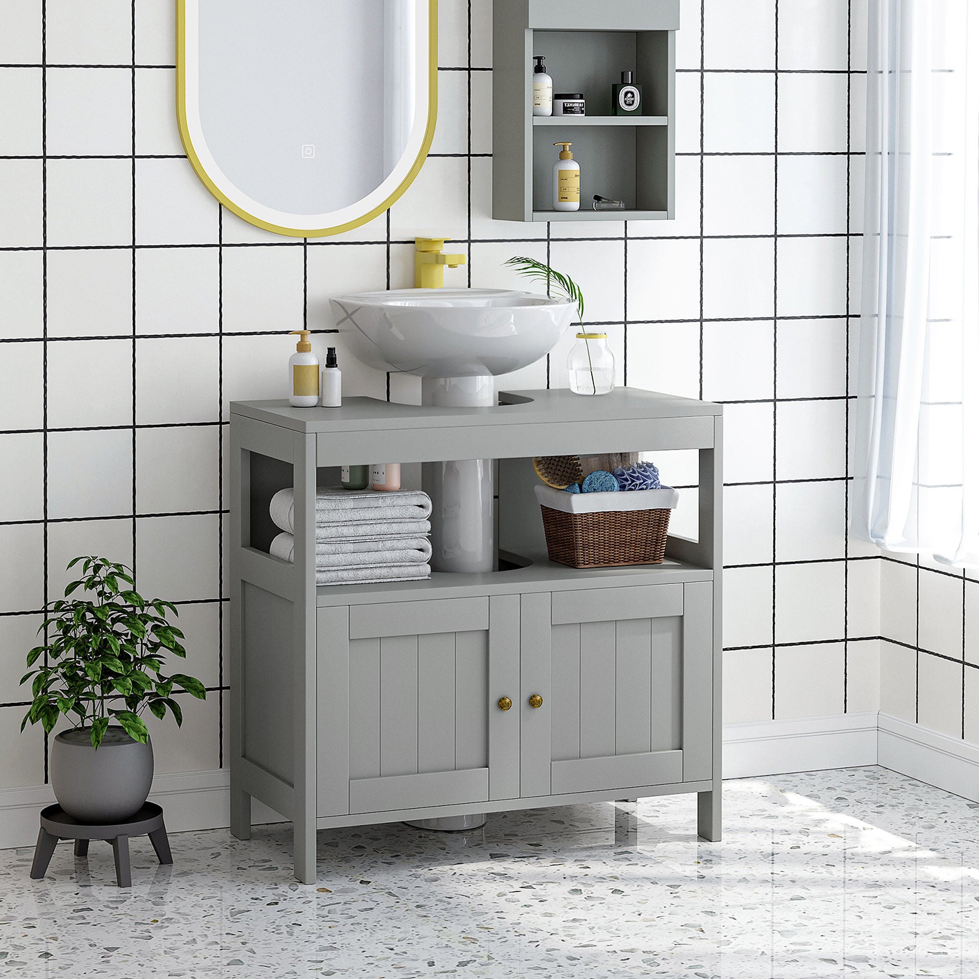 kleankin Pedestal Under Sink Cabinet with Double Doors, Modern Bathroom Vanity Storage Unit with Shelves, Light Grey - North Peak Garden Furniture