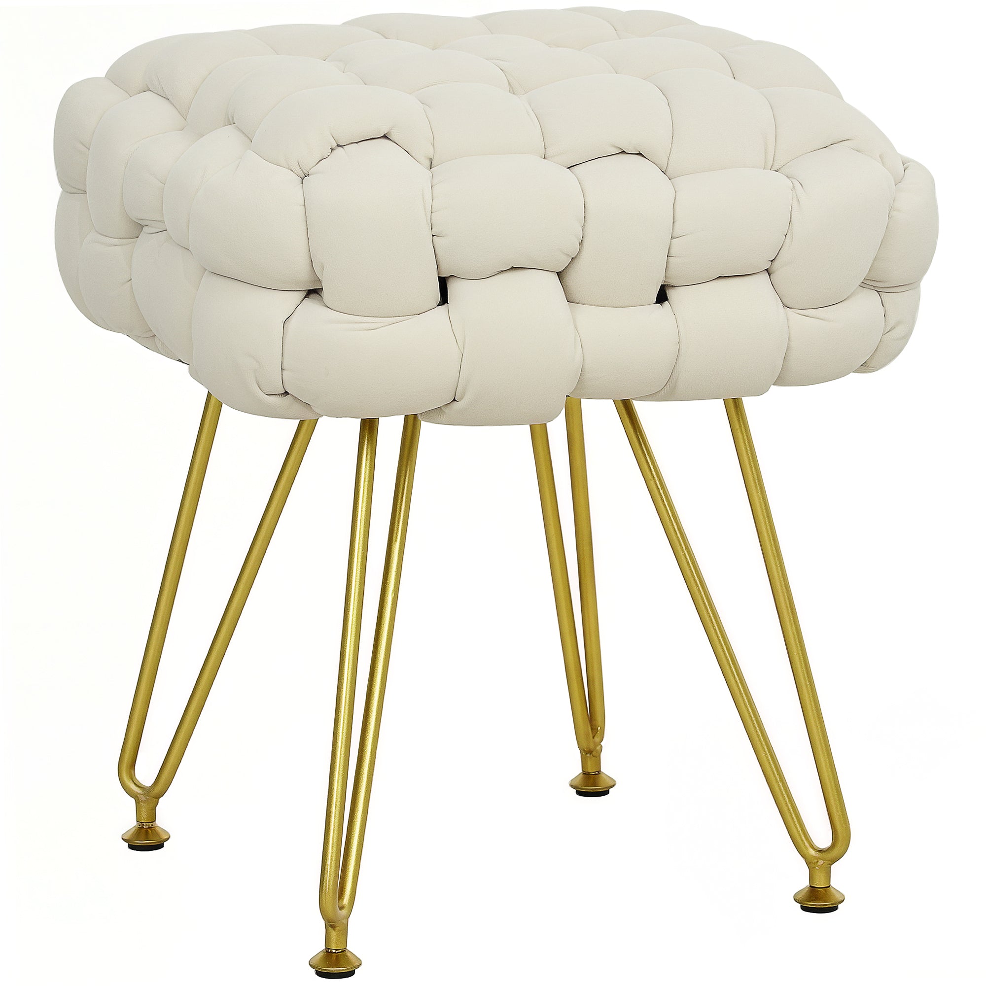 HOMCOM Velvet-Feel Bold Woven Footstool - Cream White - North Peak Garden Furniture