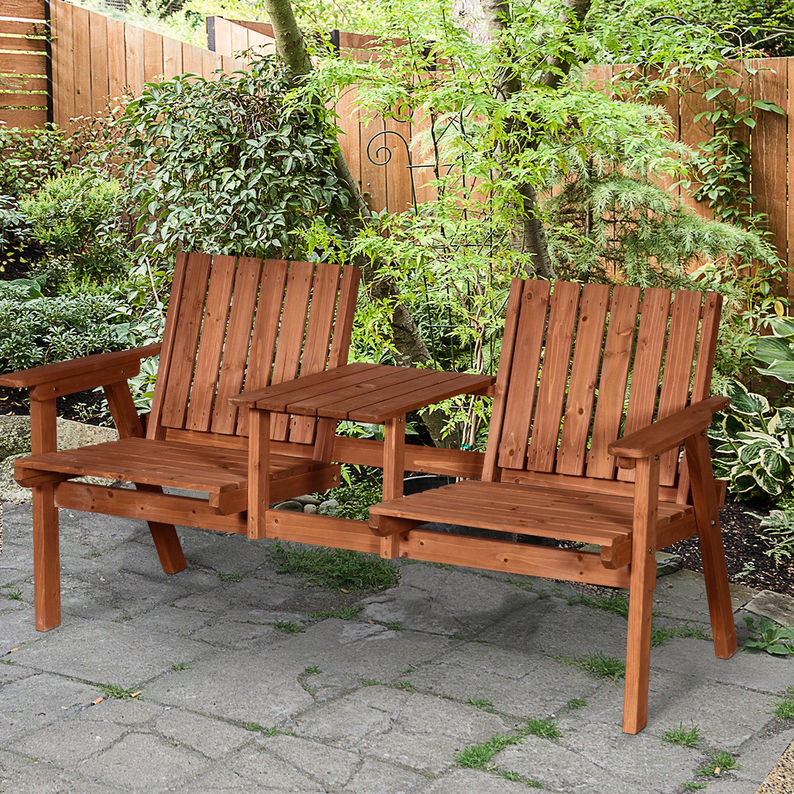 Outsunny 2-Seater Fir Wood Bench w/ Centre Table - North Peak Garden Furniture