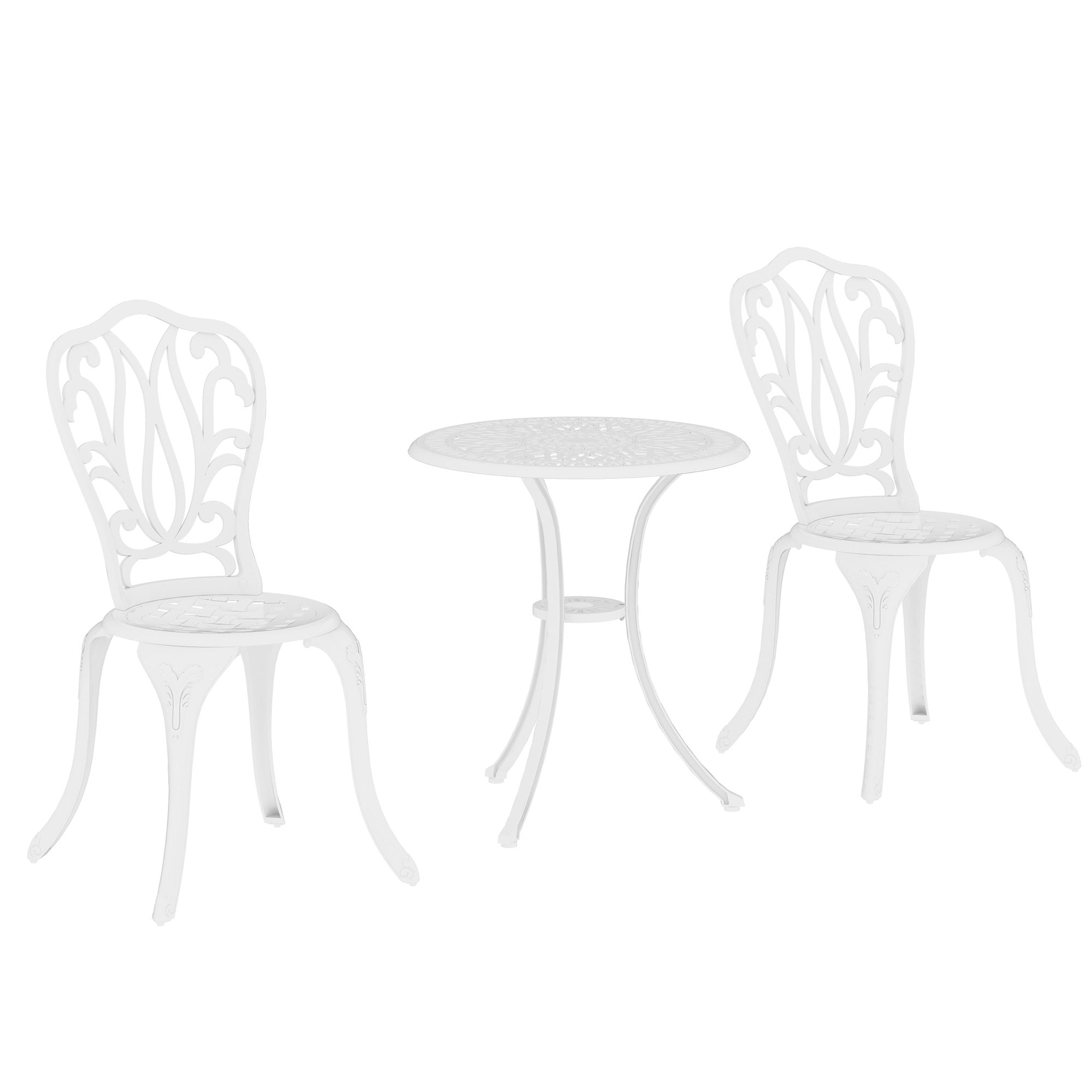 Outsunny 3 Piece Garden Bistro Set, Cast Aluminium Outdoor Furniture Set with Umbrella Hole for Balcony, Porch, Patio, White - North Peak Garden Furniture