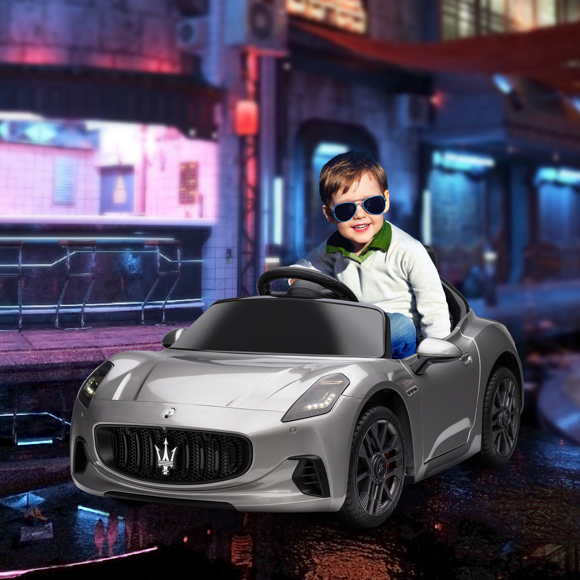 AIYAPLAY 12V Maserati Gran Turismo Folgore Lincesed Kids Electric Car with Remote Control, Soft Start, Grey - North Peak Garden Furniture