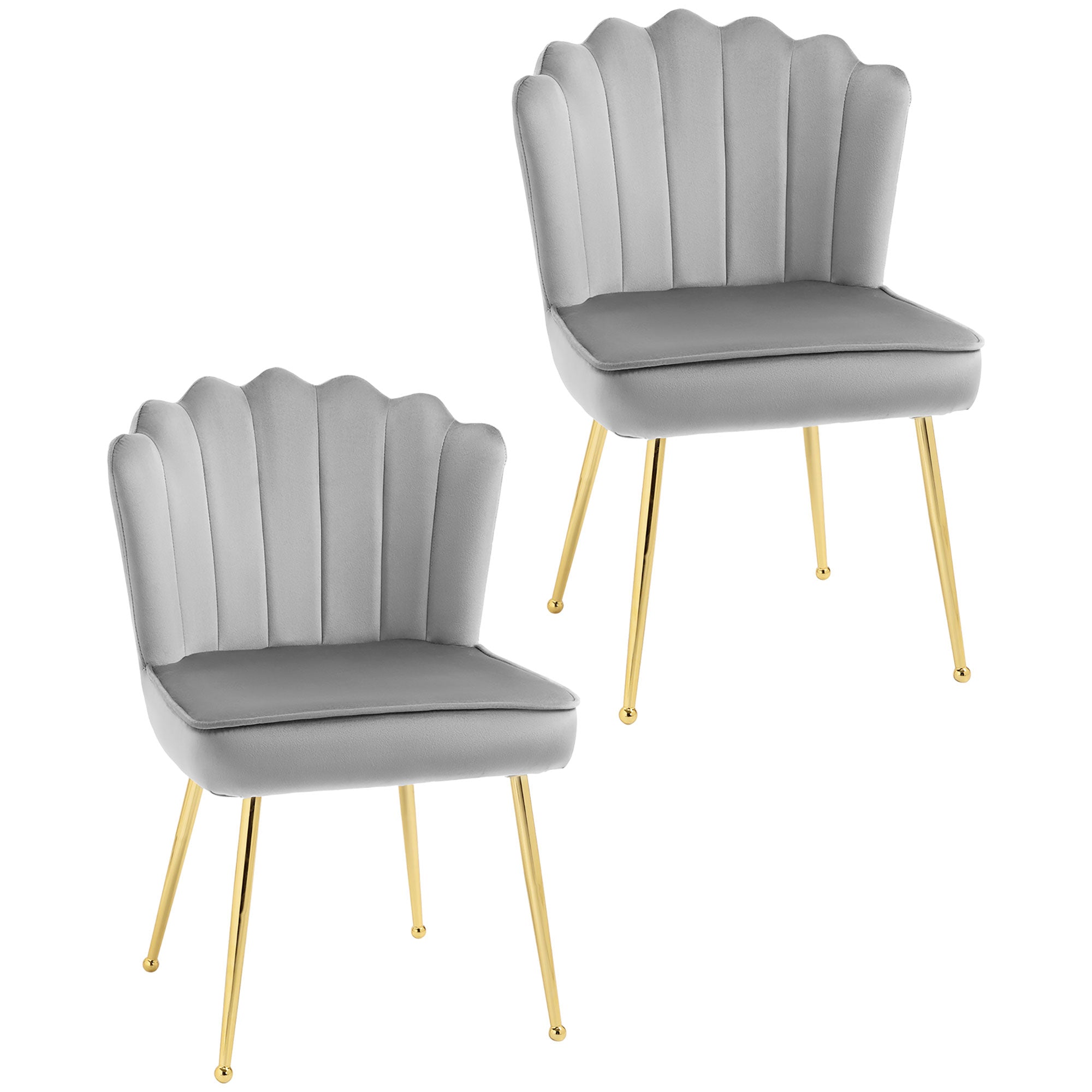 HOMCOM Shell Dining Chairs Set of 2, Upholstered Kitchen Chairs with Gold Metal Legs and Backrest, Velvet Fabric Lounge Leisure Chairs for Living Room, Reception Room, Grey - North Peak Garden Furniture