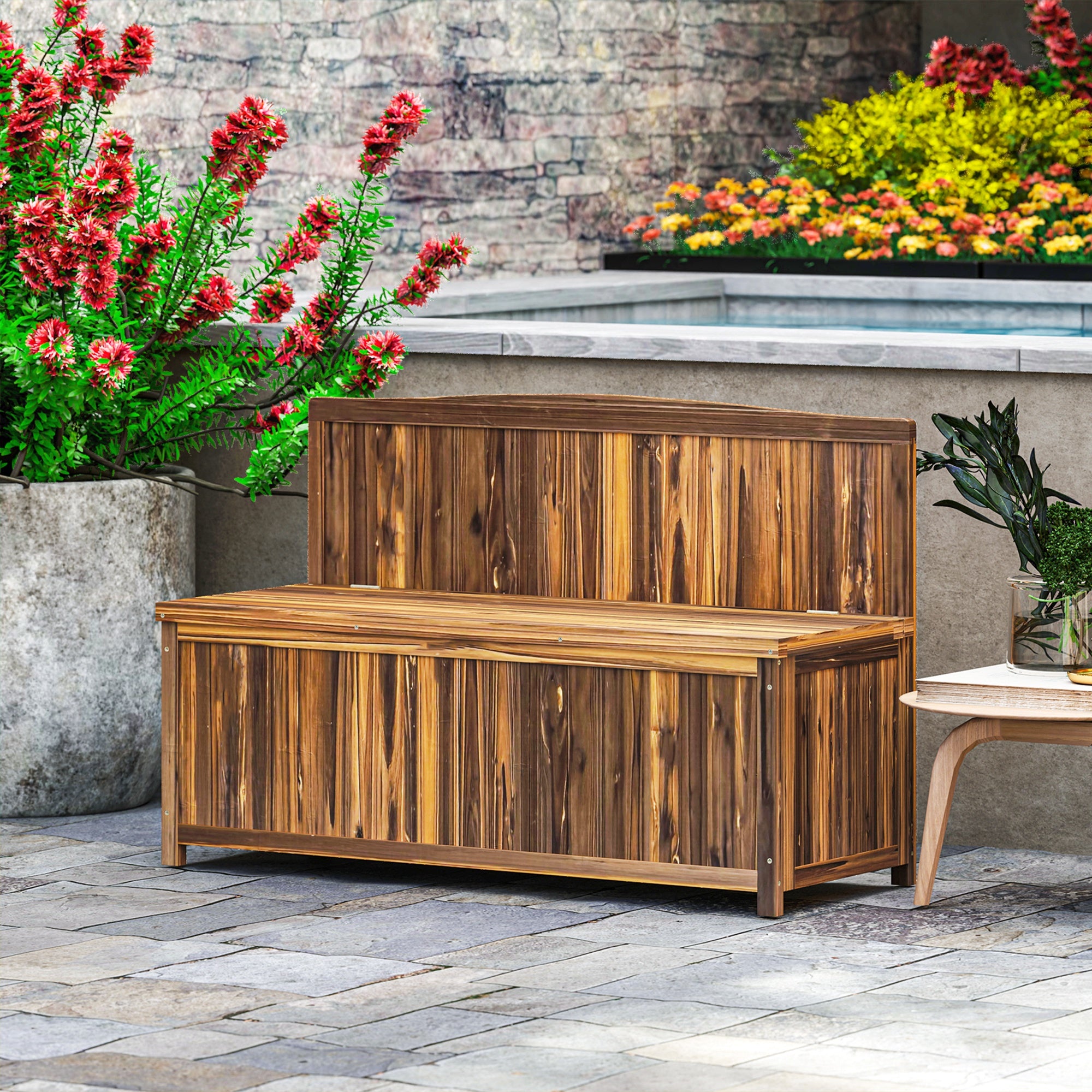 Outsunny Wood Storage Bench for Patio Furniture, Outdoor Garden Seating Tools, Brown - North Peak Garden Furniture