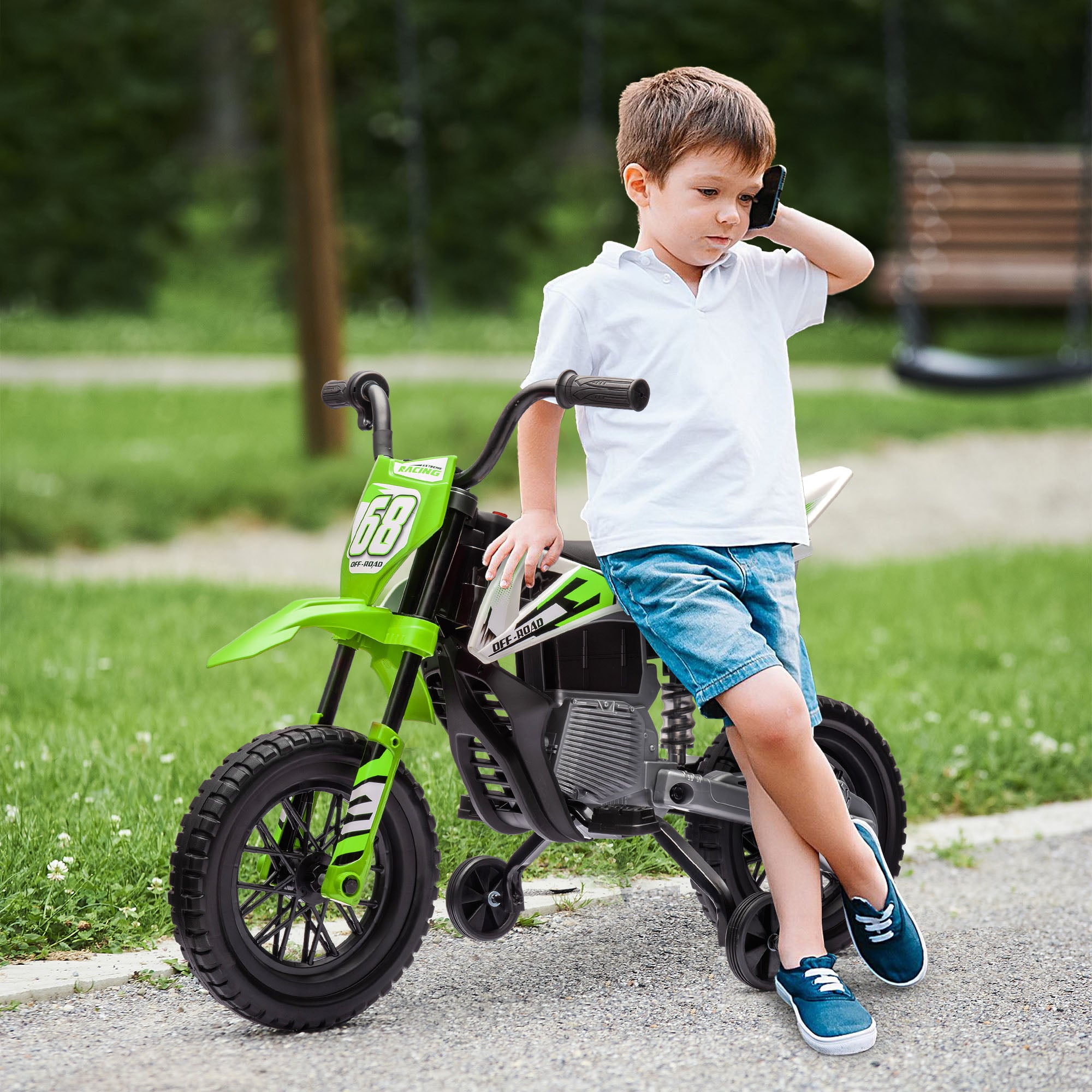AIYAPLAY 12V Kids Electric Motorbike, Kids Electric Ride on motorcycle w/ Twist Grip Throttle, Training Wheels, Green - North Peak Garden Furniture