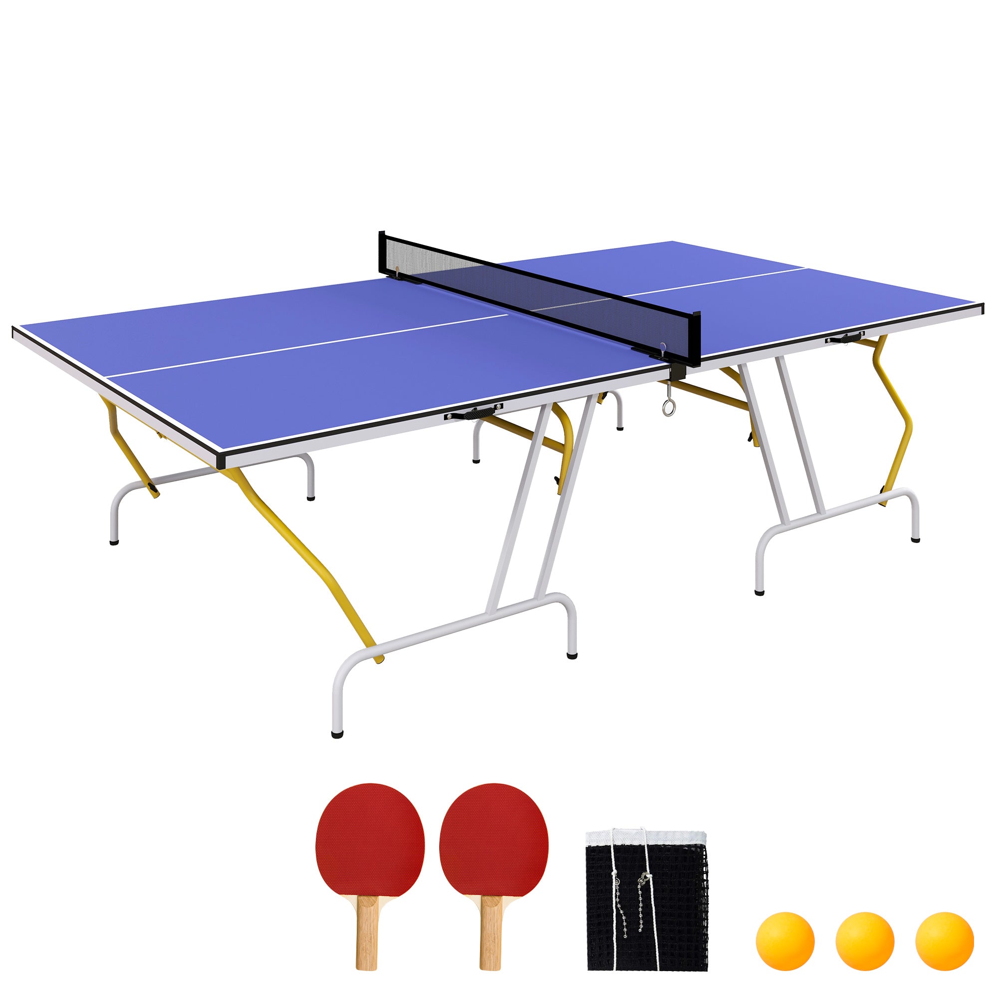 SPORTNOW 9FT Foldable Table Tennis Table, with Cover, Net, Paddles, Balls - Blue - North Peak Garden Furniture