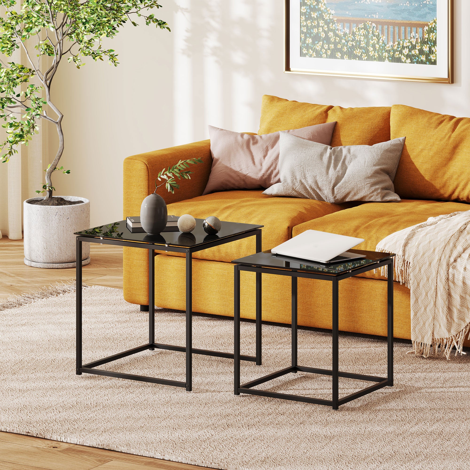 HOMCOM Nest of Tables, Set of 2 Coffee Table, Side Tables with Tempered Glass Desktop and Metal Frame for Living Room, Bedroom, Office, Black - North Peak Garden Furniture