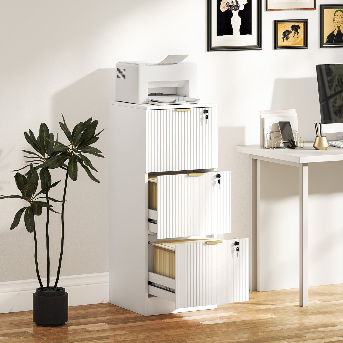 HOMCOM Filing Cabinet, Fluted Vertical File Cabinet with 3 Lockable Drawers and Hanging Rails, White