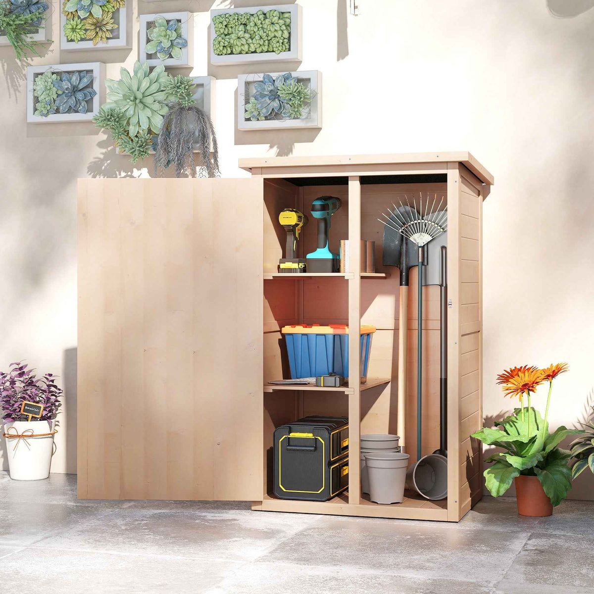 Outsunny Garden Shed Wooden Garden Storage Shed Fir Wood Tool Cabinet Organiser with Shelves 75L x 56W x115Hcm Natural