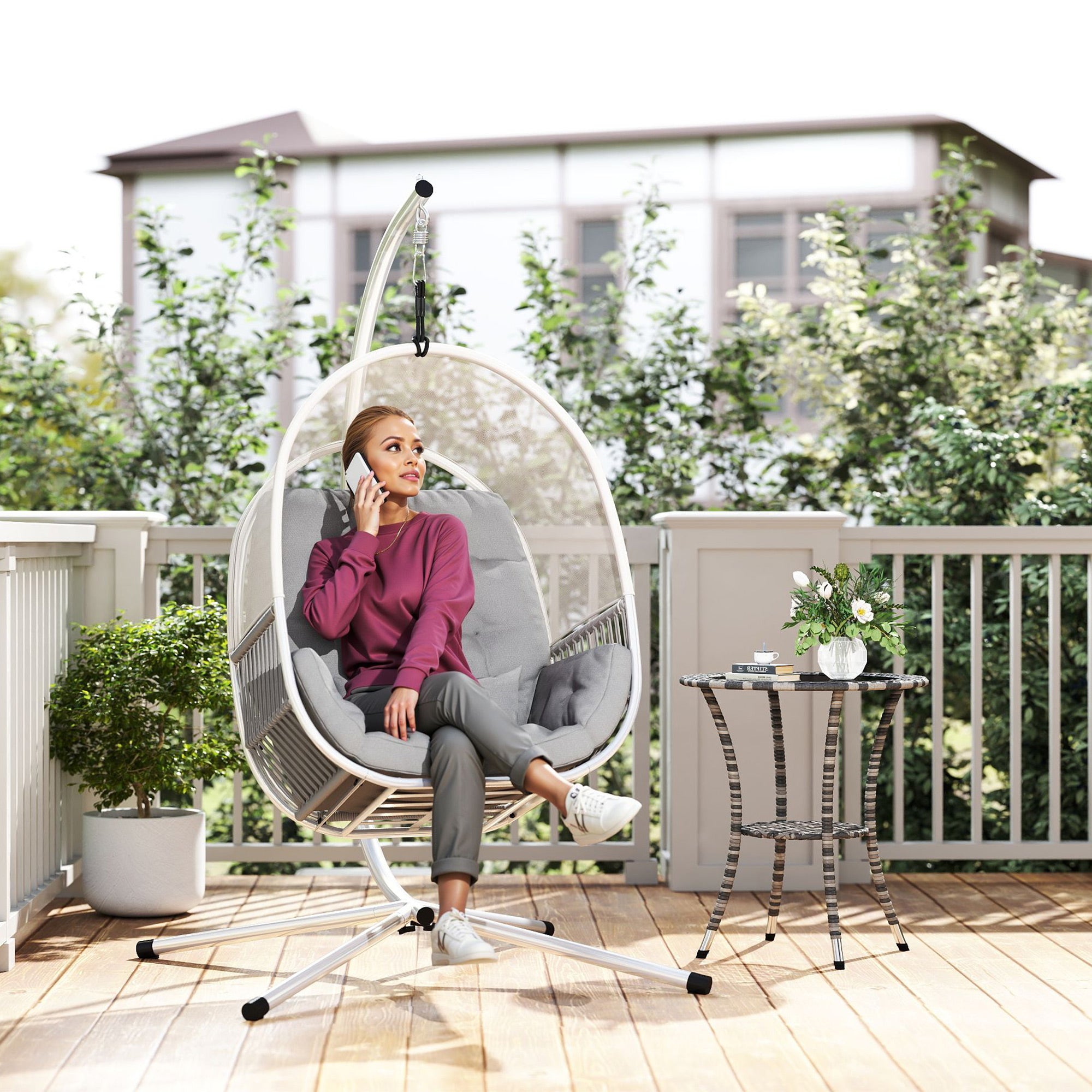 Outsunny Hanging Egg Chair Outdoor Indoor, Swing Hammock Chair with Stand, Cushions, Lumbar Pillow, Adjustable Height and Steel Frame for Garden Patio Lounge Porch, Light Grey - North Peak Garden Furniture