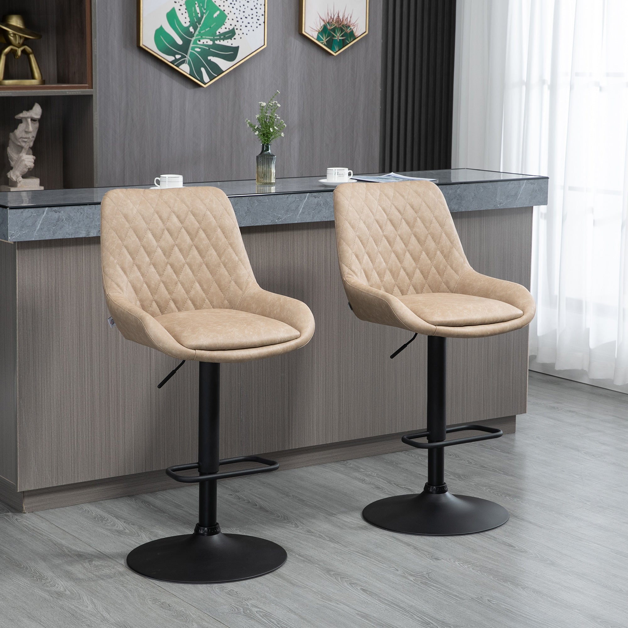 HOMCOM Retro Bar Stools Set of 2, Adjustable Kitchen Stool, Upholstered Bar Chairs with Back, Swivel Seat, Light Khaki - North Peak Garden Furniture