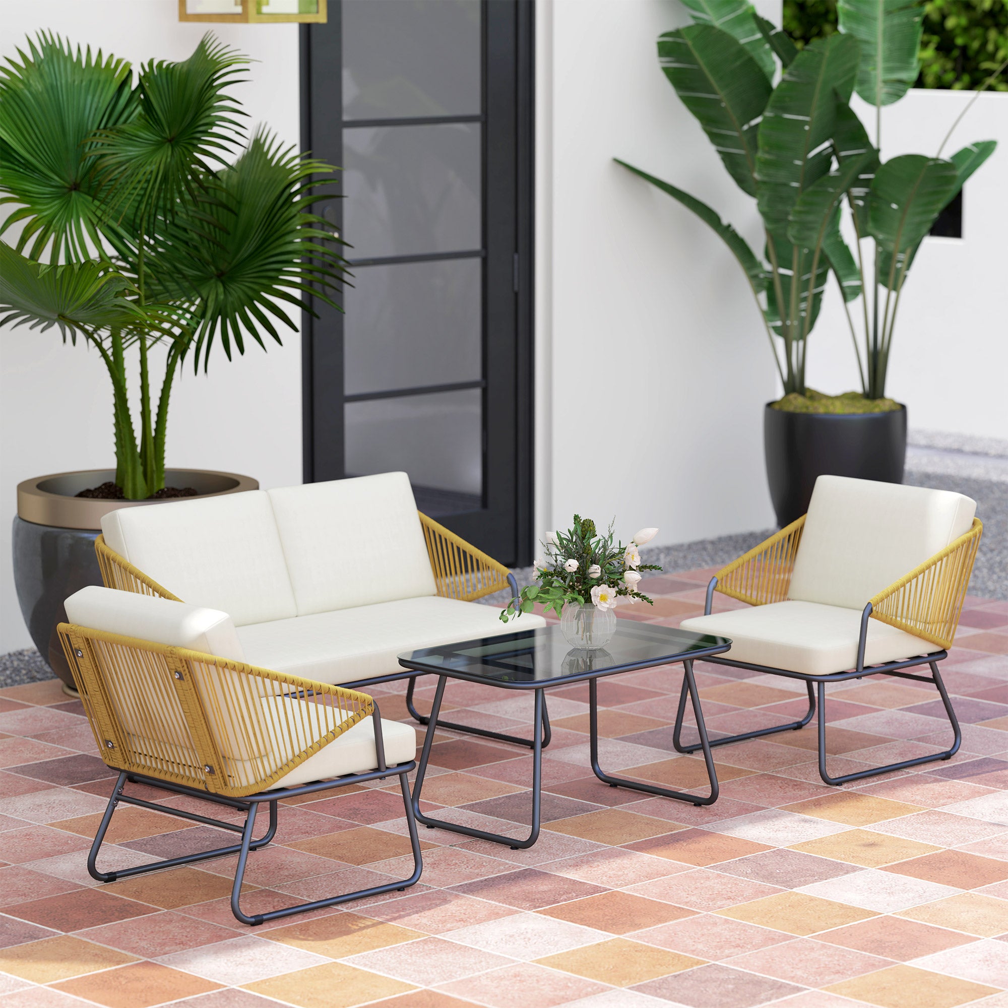 Outsunny Four-Piece Rattan Strong Panel Outdoor Sofa Set - Natural - North Peak Garden Furniture