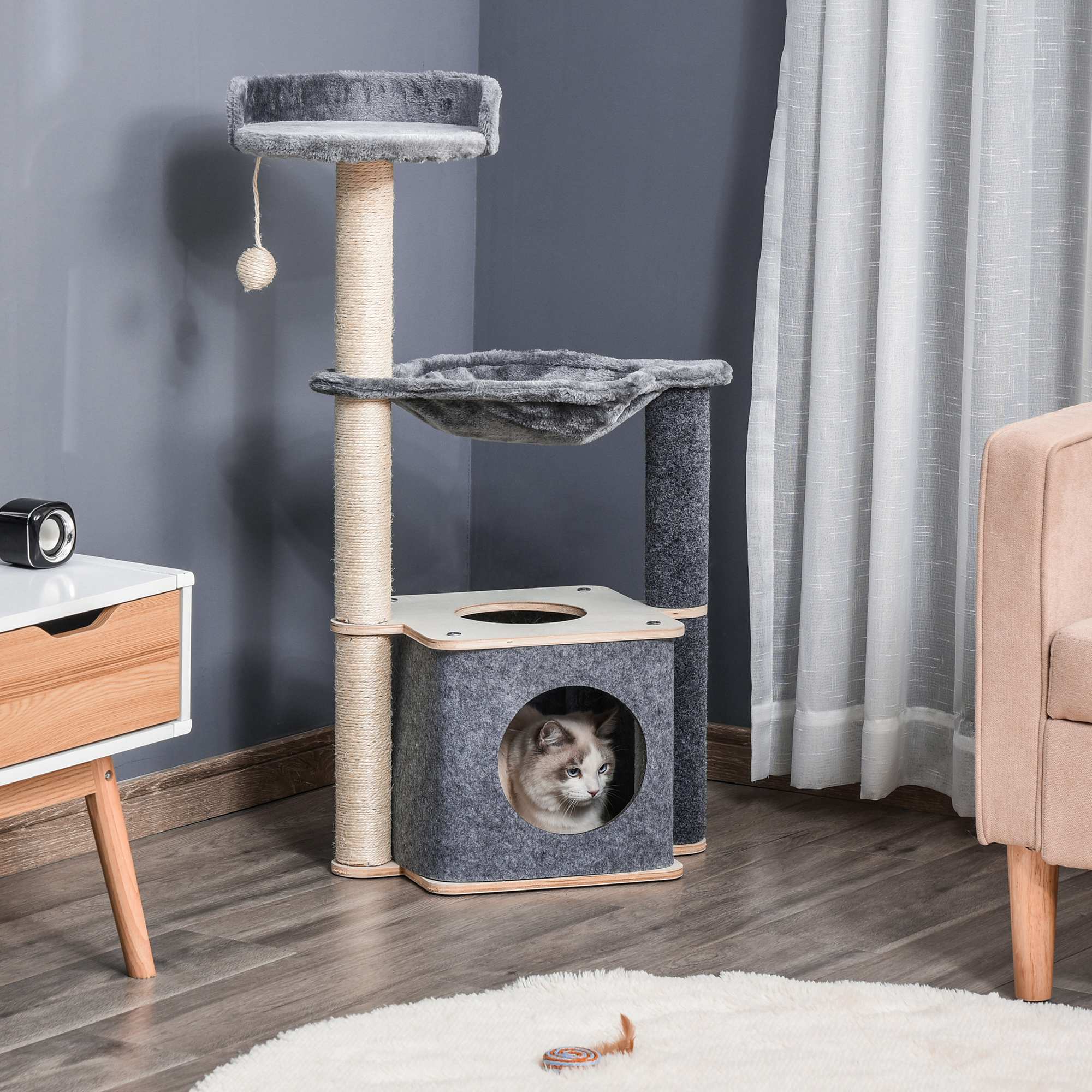 PawHut Cat Tree for Indoor Cats 95cm Climbing Tower Kitten Activity Center with Sisal Scratching Post Perch Roomy Condo Hammock Removable Felt Hanging Toy, Grey - North Peak Garden Furniture