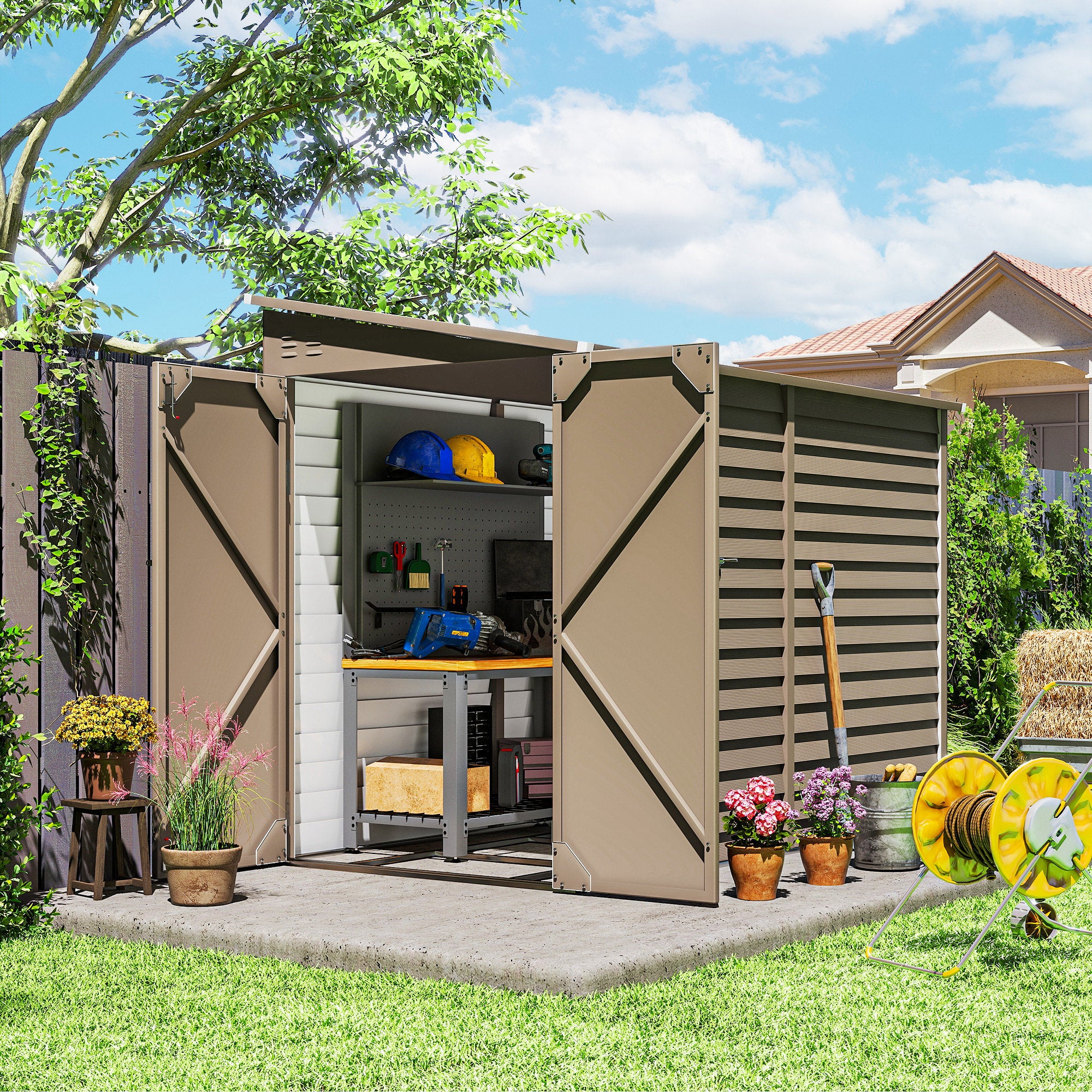 Outsunny 5 x 9ft Galvanised Metal Garden Shed with Foundation Kit, Outdoor Lean-to Shed, Tool Storage House with Lockable Doors, Gloves and 2 Air Vents for Patio, Garden, Brown
