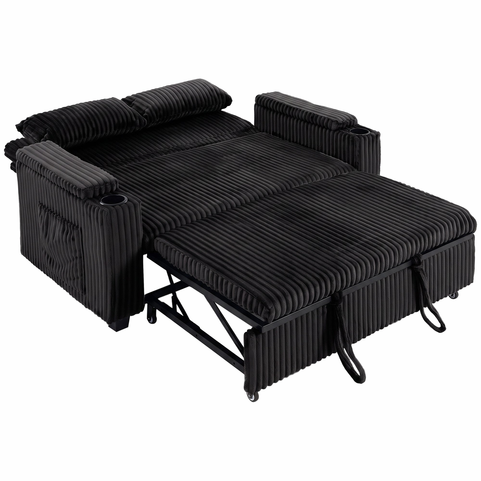 HOMCOM 2 Seater Sofa Bed, Pull Out Sleeper Sofa w/ Adjustable Backrest, Storage Armrests, Cup Holders, Side Pockets, Black