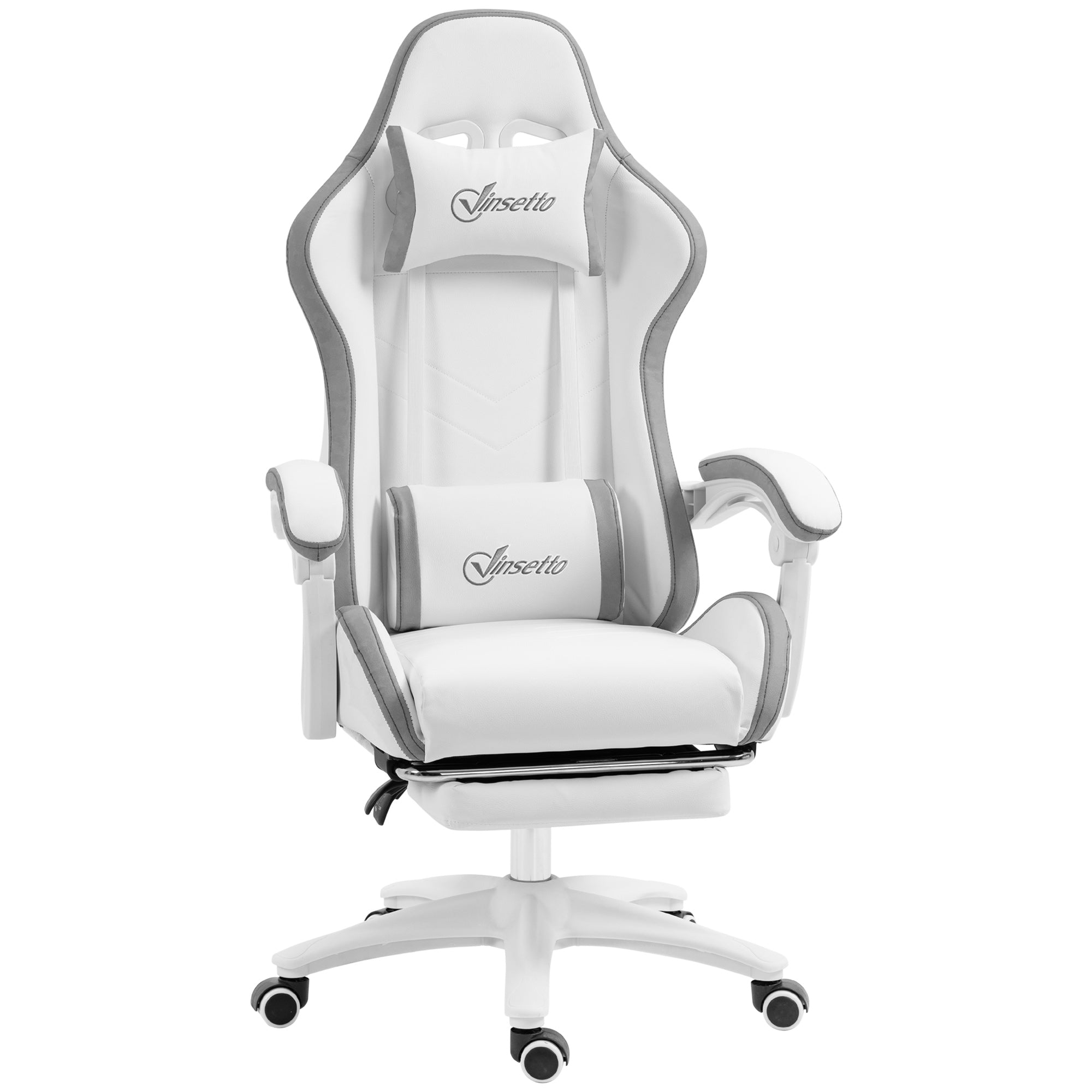 Vinsetto Computer Gaming Chair, PU Leather Desk Chair with Footrest, Swivel Task Chair with 135° Reclining Back and Lumbar Support, PC Chair for Adults, White and Grey - North Peak Garden Furniture