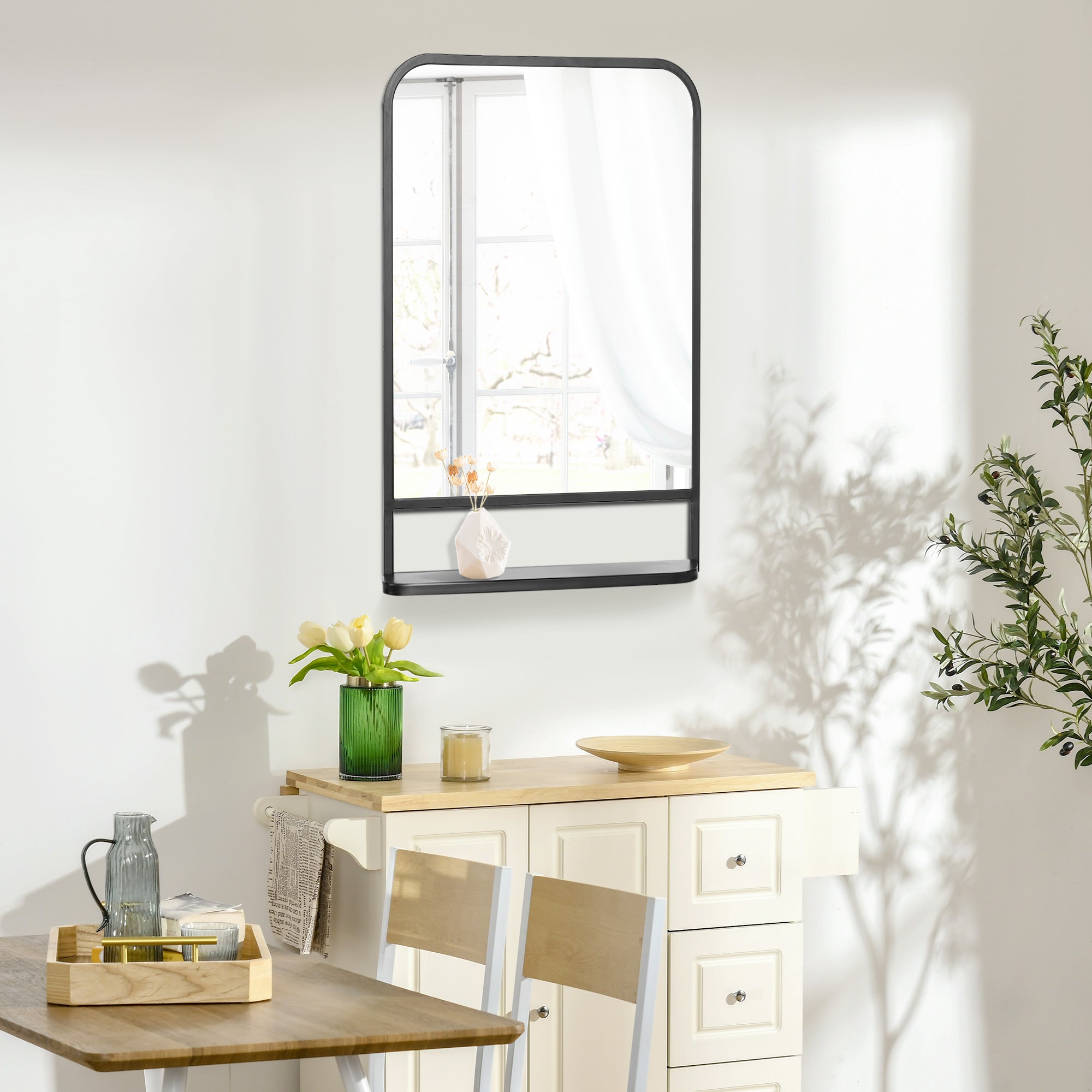 HOMCOM Modern Square Wall Mirror with Storage Shelf, 86 x 53 Mirrors for Living Room, Bedroom, Black - North Peak Garden Furniture