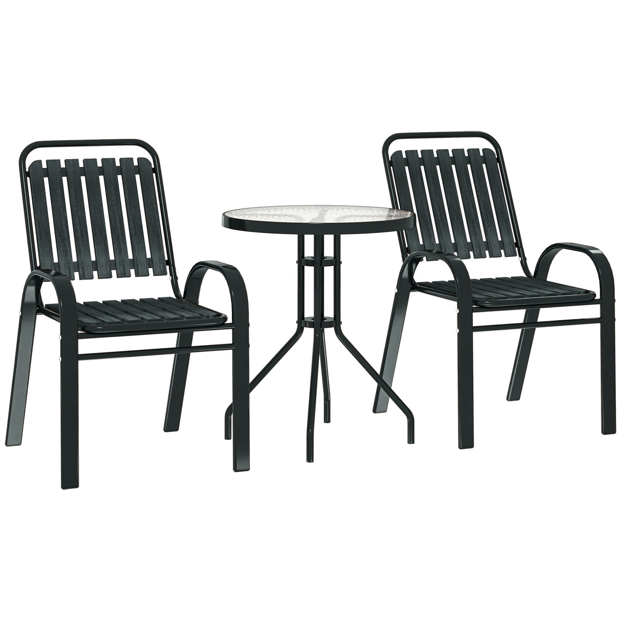 Outsunny 3 Pieces Patio Bistro Set with Stackable Chairs, Tempered Glass Table, for Outdoor, Balcony, Patio, Garden Charcoal Grey - North Peak Garden Furniture
