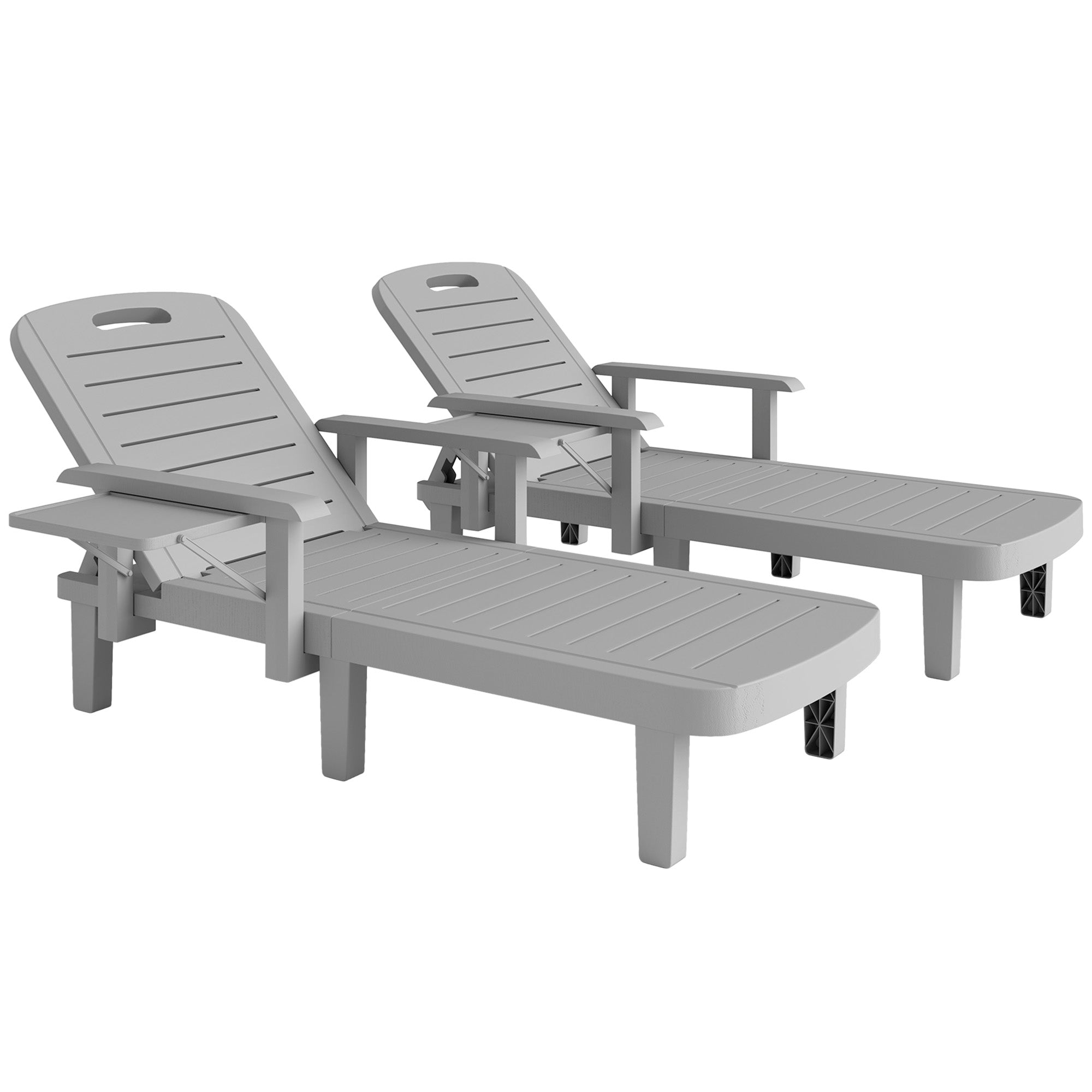 Outsunny Set of 2 Resin Reclining Sun Loungers for Garden, 5 Positions Adjustable Outdoor Chaise Lounge Chairs with Wood Texture Surface, Armrests, Foldable Side Table for Garden, Beach, Light Grey